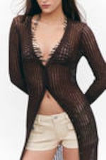 Dark Brown - Open-Knit V-neck Maxi Cardigan - 2