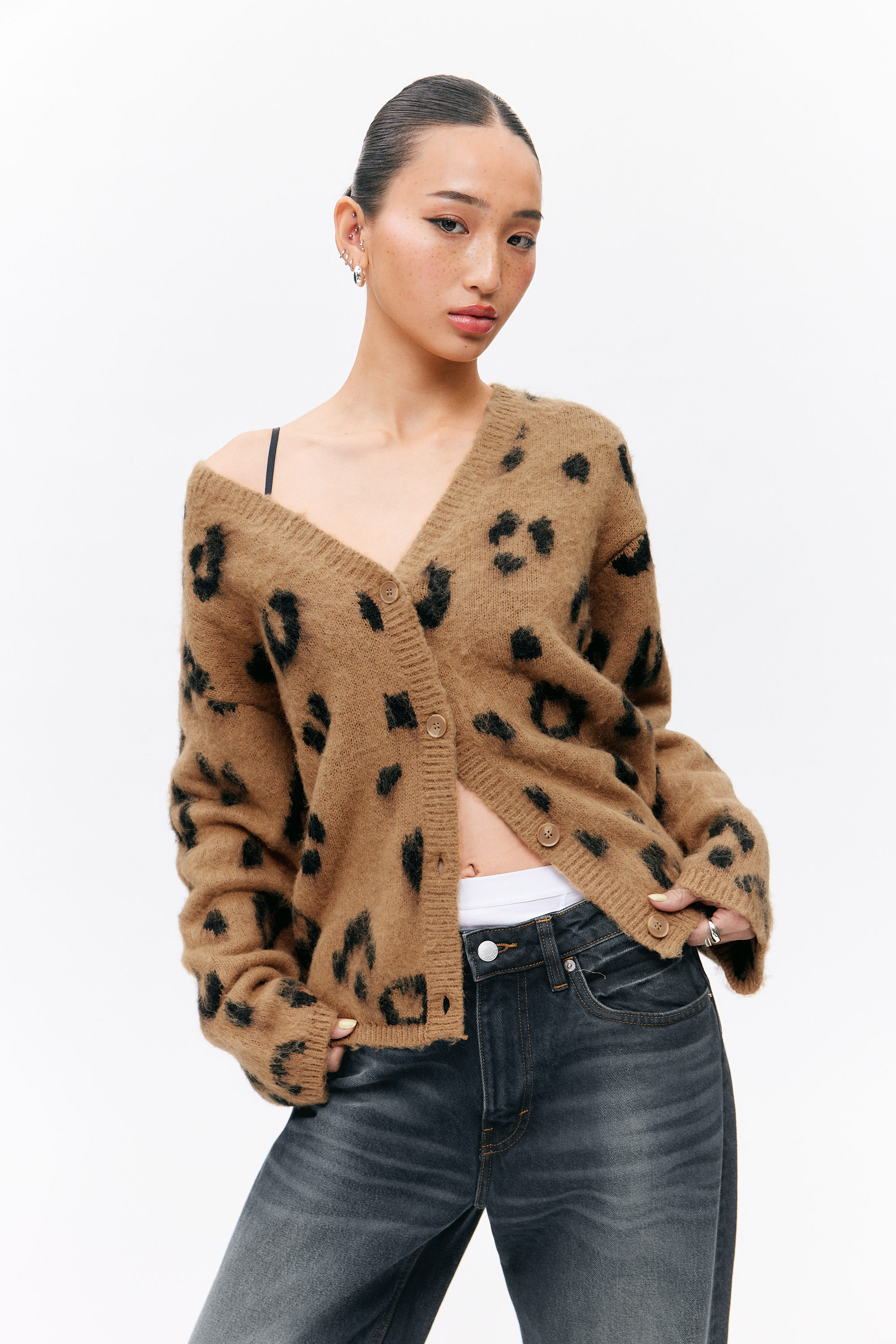 Brown - Leopard - Fluffy knit cardigan - 1