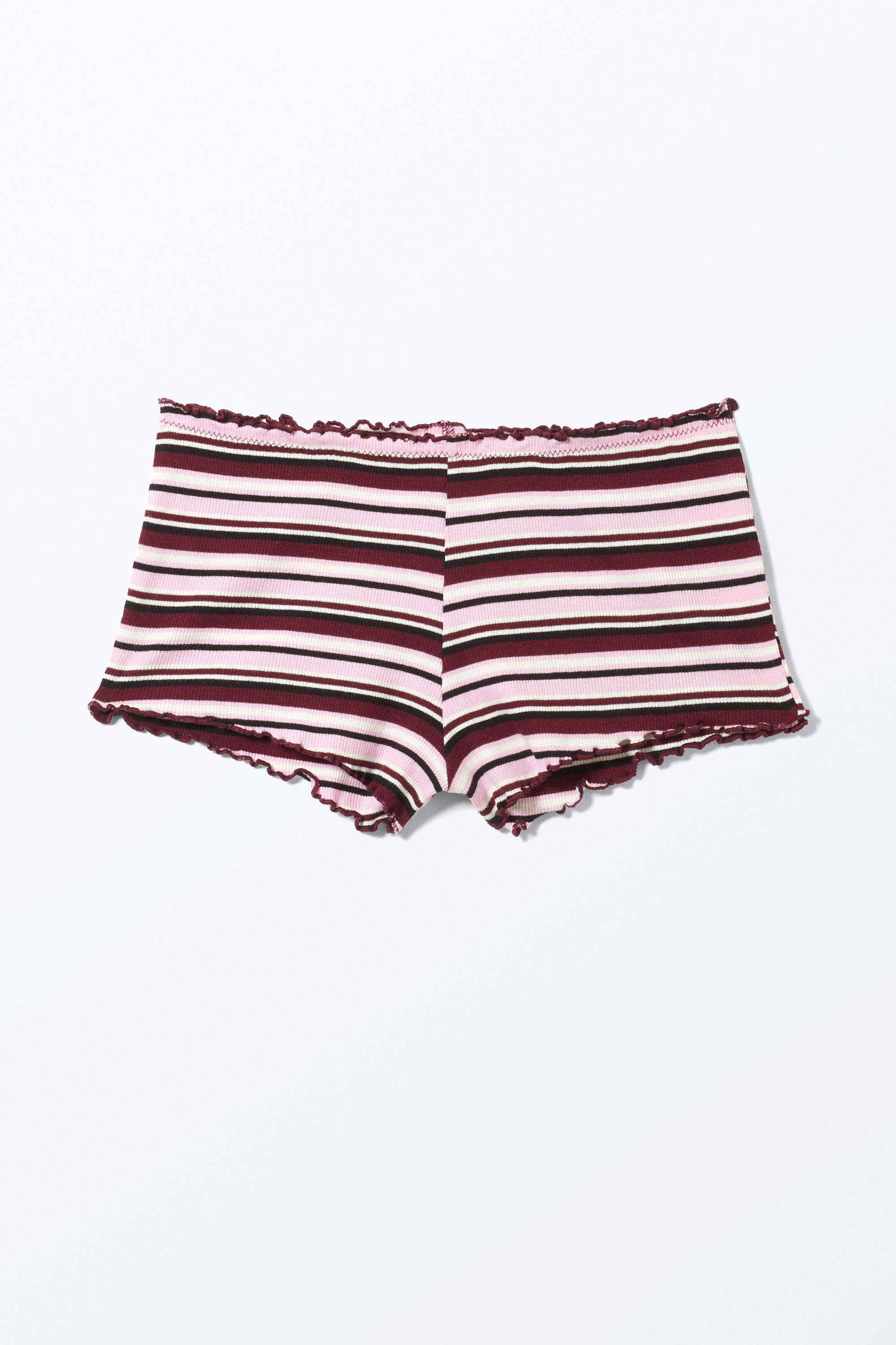 Dunkelrot & pink gestreift - Gerippte Mini-Shorts mit Rüschen - 3