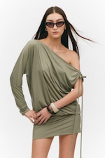 Khakigrön - En-ärmad draperad klänning i jersey - 1