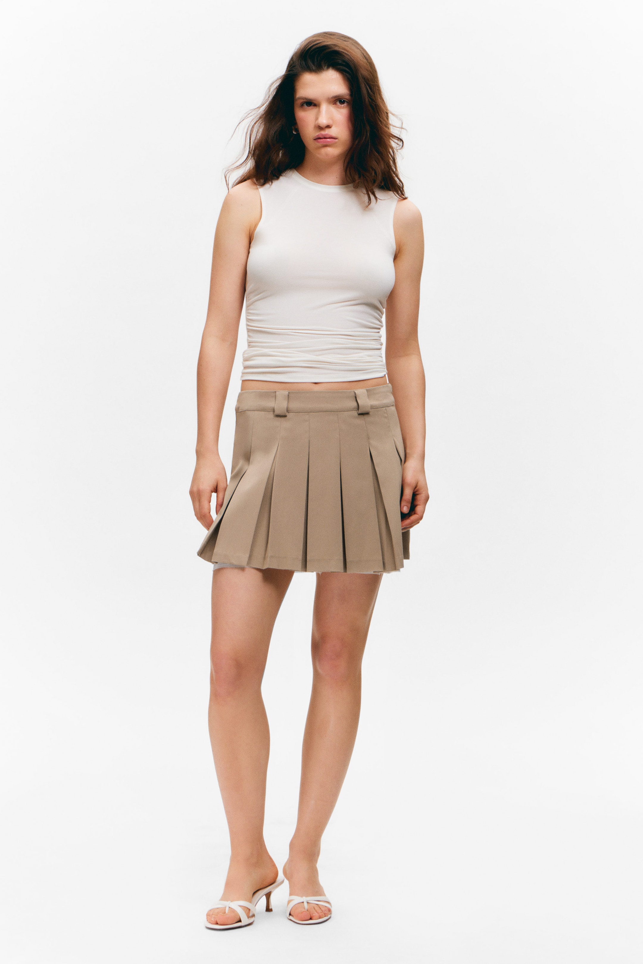 Dusty Beige - Low Pleated Mini Skirt - 1