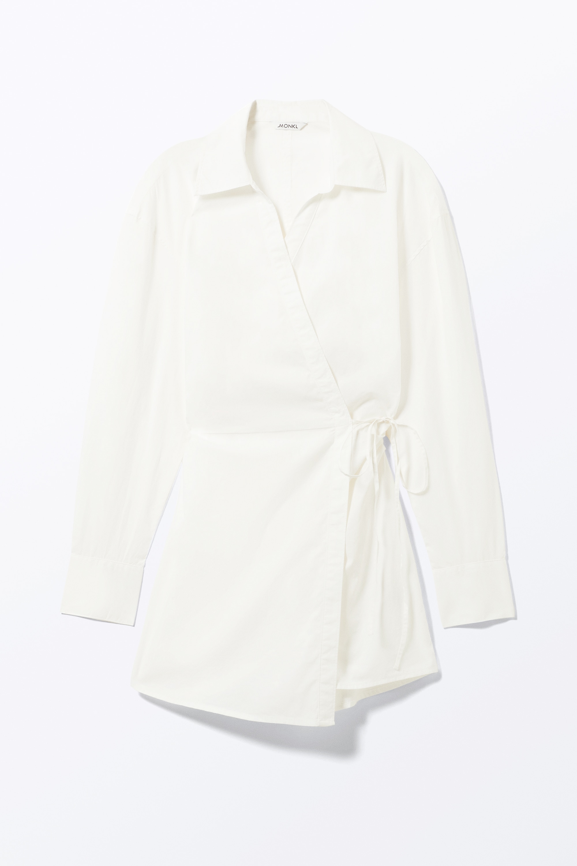 Long-Sleeved Mini Wrap Shirt Dress - White/Light Blue Pinstripe