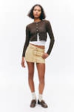 Dark Brown - Fitted Long-Sleeved Knitted Cardigan - 1