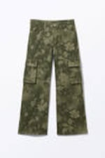 Khaki Green - Spray Flowers - Loose Fit Low Waist Twill Cargo Trousers - 4