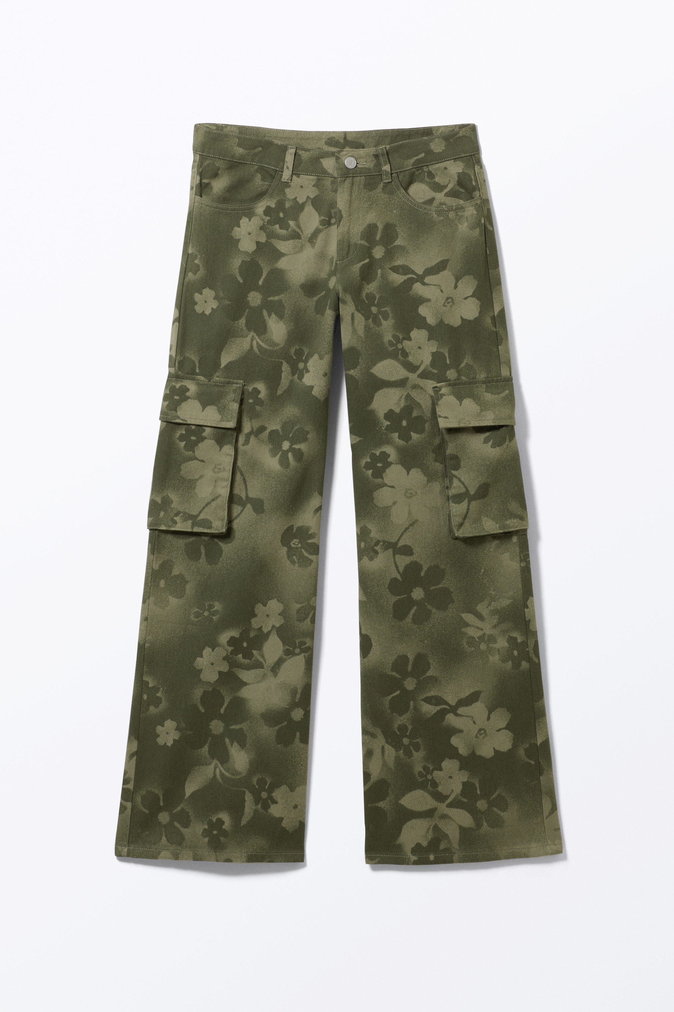 Khaki Green - Spray Flowers - Loose Fit Low Waist Twill Cargo Trousers - 1