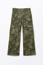 Khaki Green - Spray Flowers - Loose Fit Low Waist Twill Cargo Trousers - 0