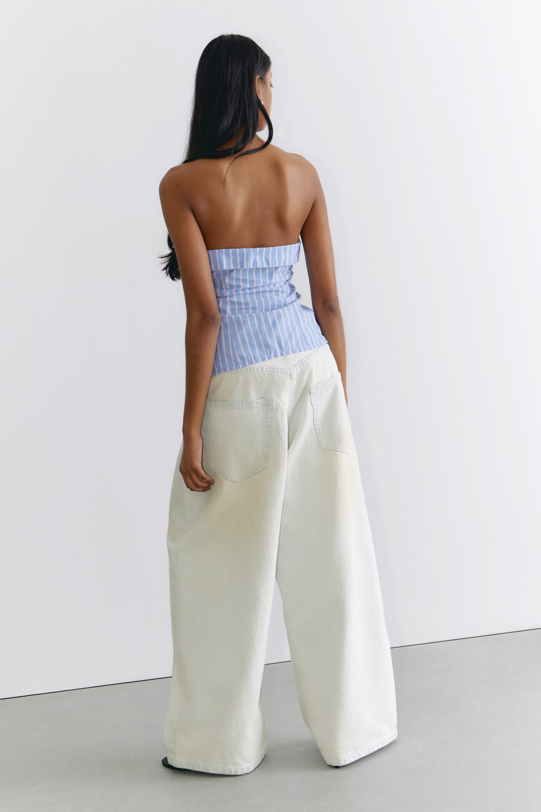 Striped Blue & Pink - Striped Off-Shoulder Tie Front Shirt Top - 4