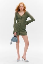 Dark Khaki Green - Long-Sleeved V-neck Mini Dress - 0