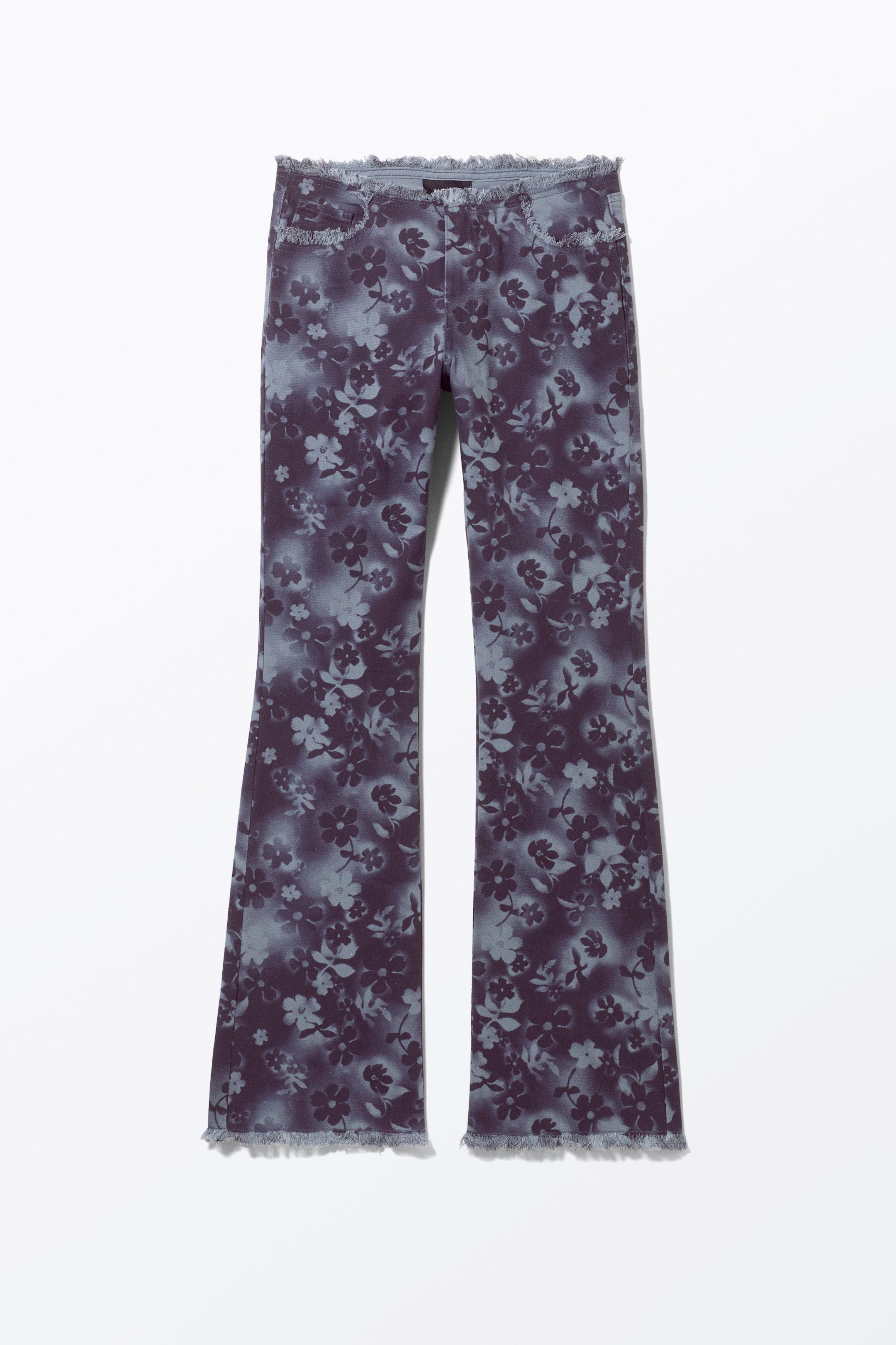 Blau mit Blumenmuster - Twill-Hose mit niedriger, ausgefranster Taille - 0
