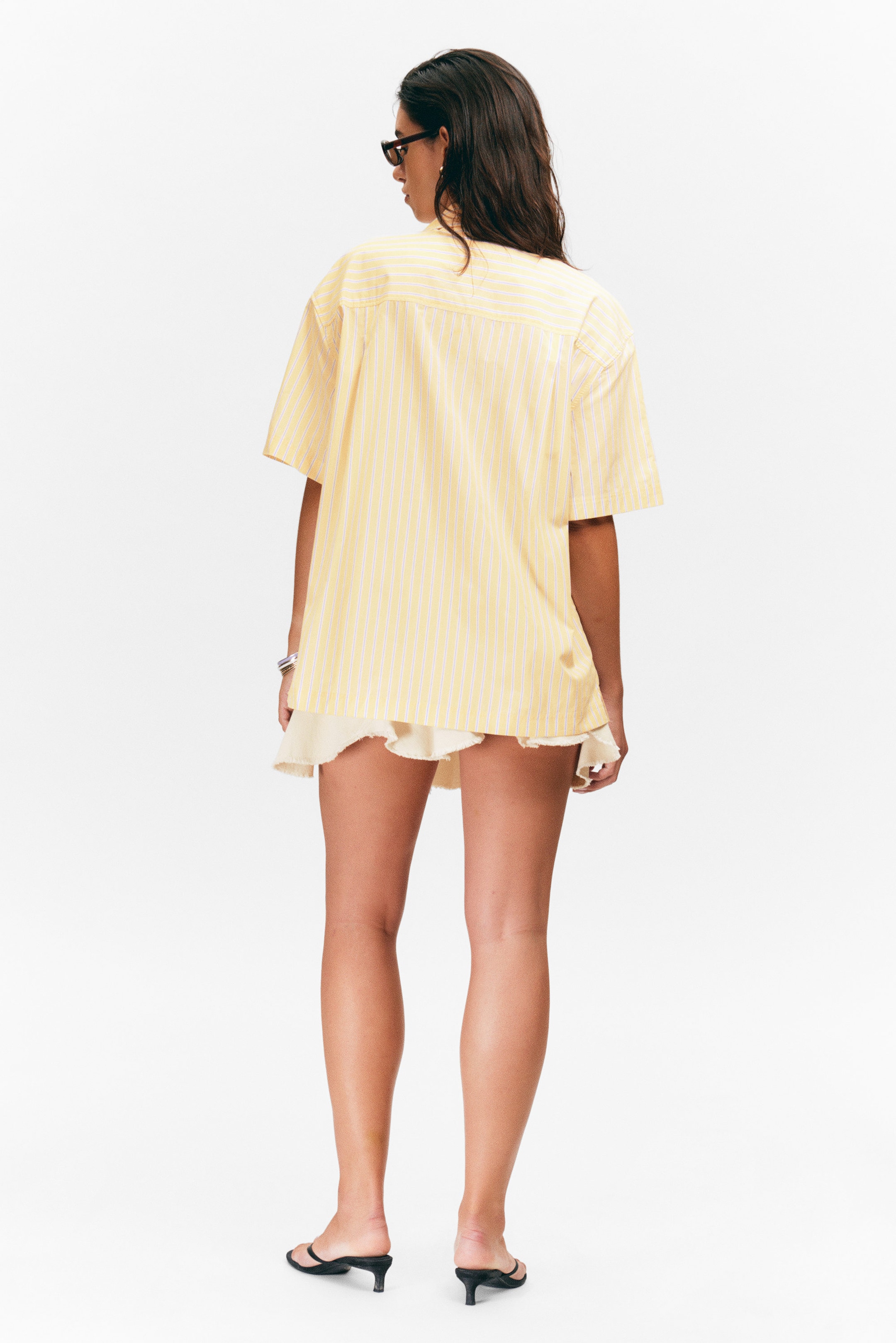 Striped Light Yellow - Oversized Short-Sleeved Cotton Poplin Shirt - 2