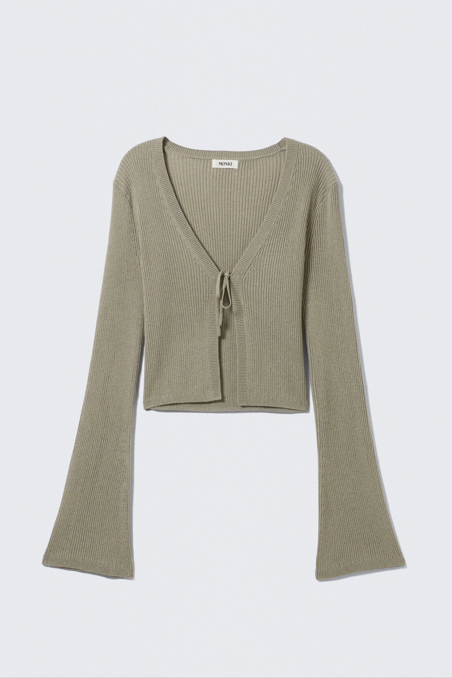 Ribbed Tie-Front Cardigan - Khaki Green/Light Yellow/White - 2