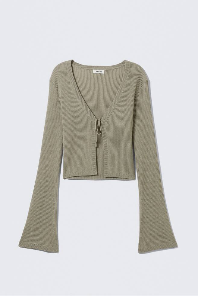 Ribbed Tie-Front Cardigan - Khaki Green/White/Light Yellow - 1