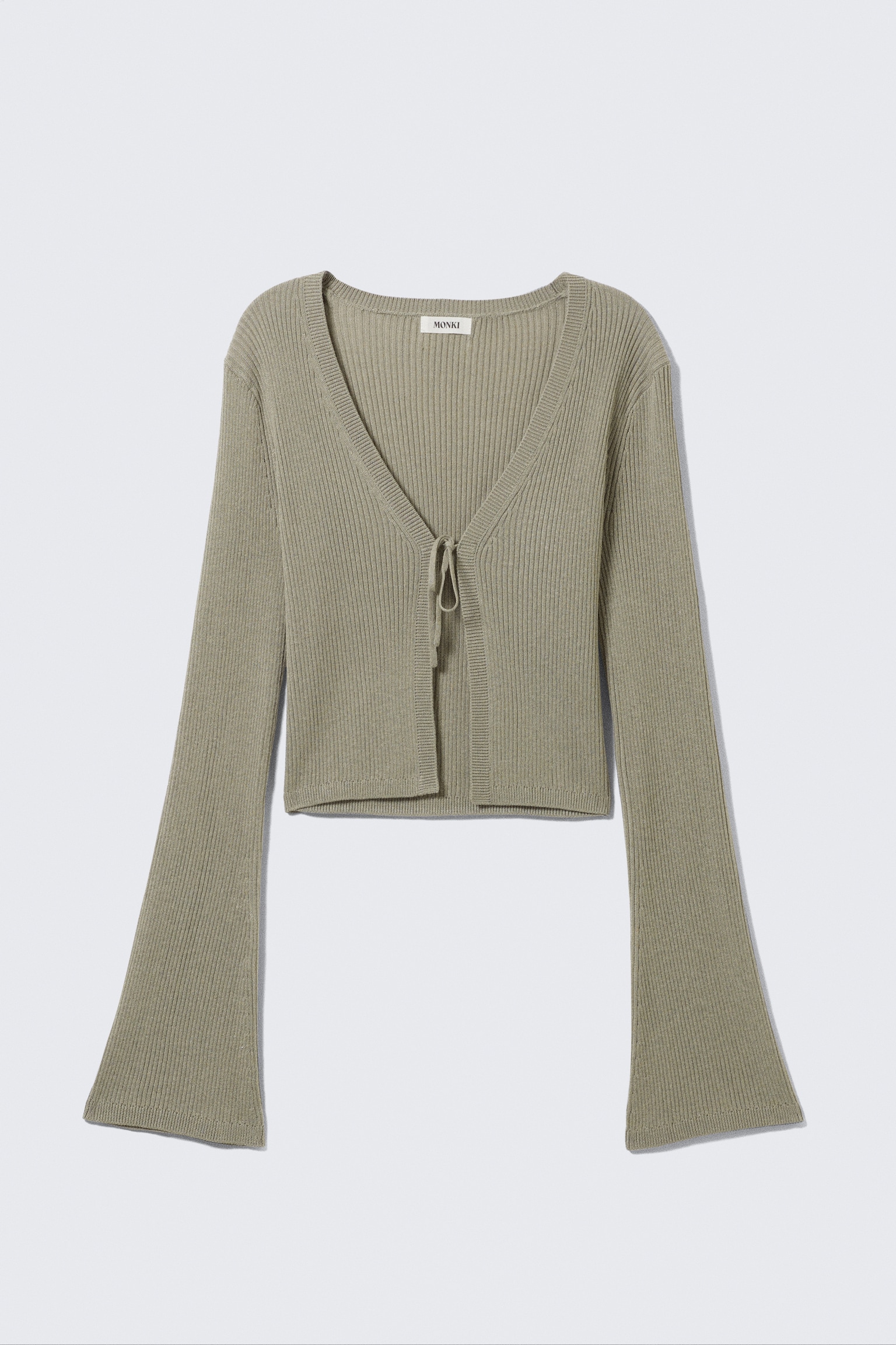 Gerippte Strickjacke mit Schnürung vorne - Khakigrün/Weiß/Hellgelb - 2