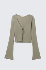 Khaki Green - Ribbed Tie-Front Cardigan - 3