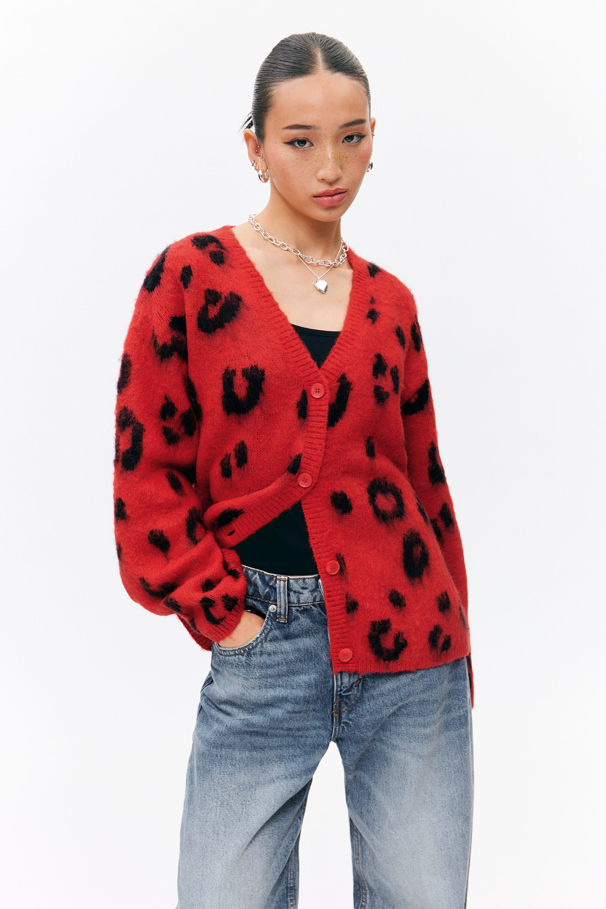 Red - Leopard - Fluffy knit cardigan - 0