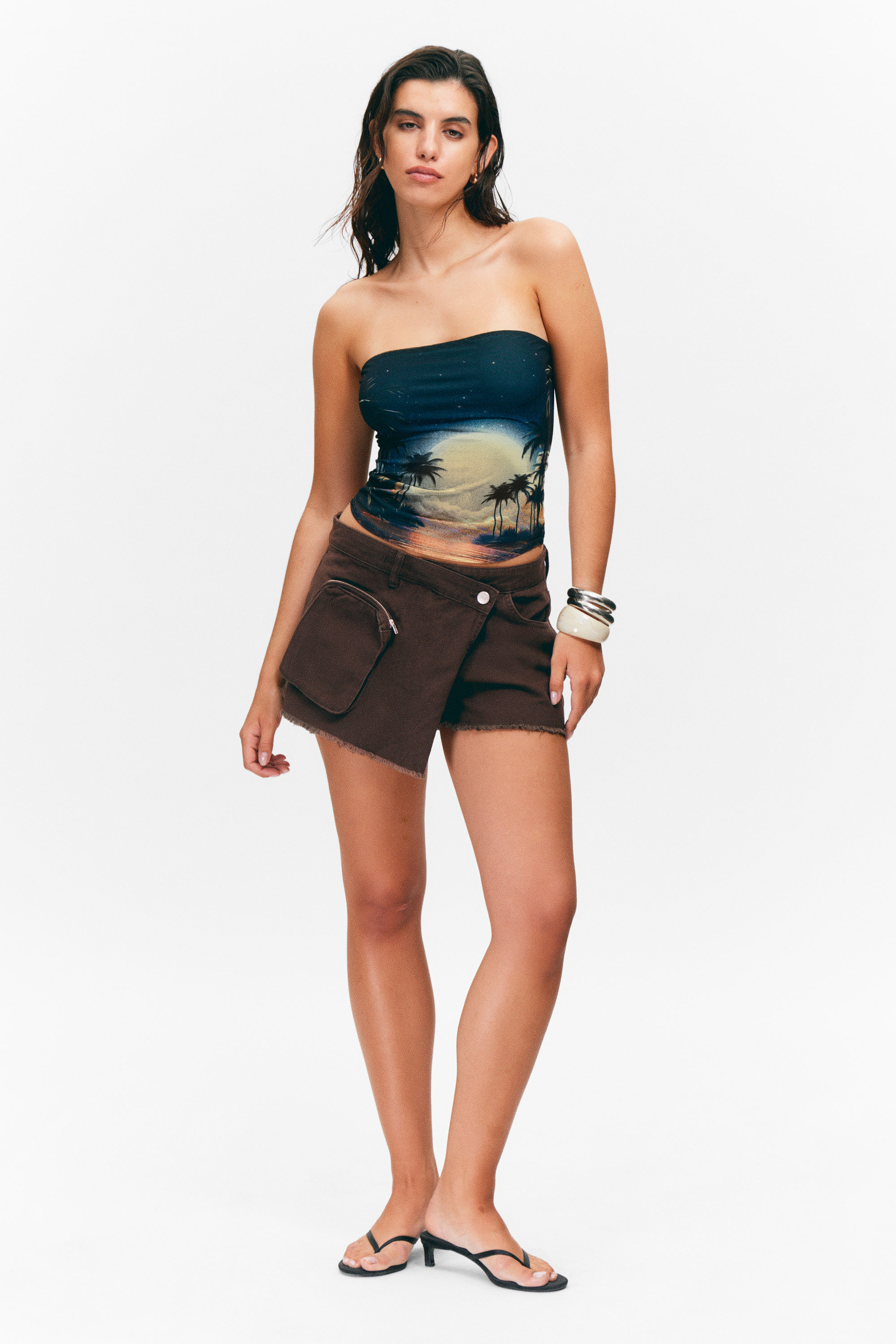 Dark Turquoise - Sunset - Printed Mesh Bandeau Top - 2