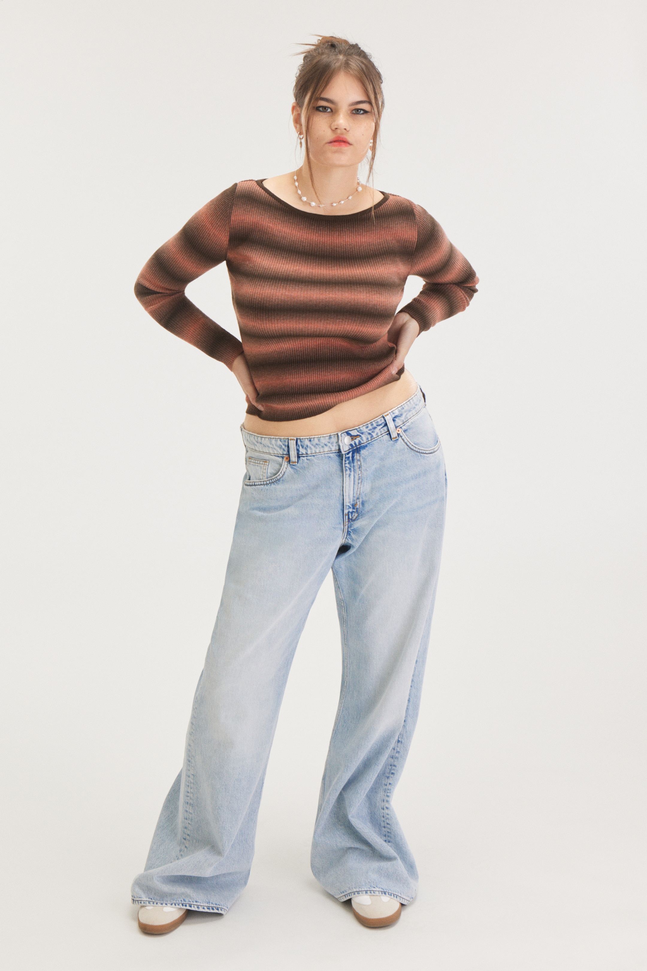 View larger image: Rib-Knit Long Sleeve Boatneck Top - Orange Brown - Ladies | H&M GB 2