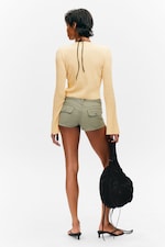 Light Yellow - Ribbed Tie-Front Cardigan - 2