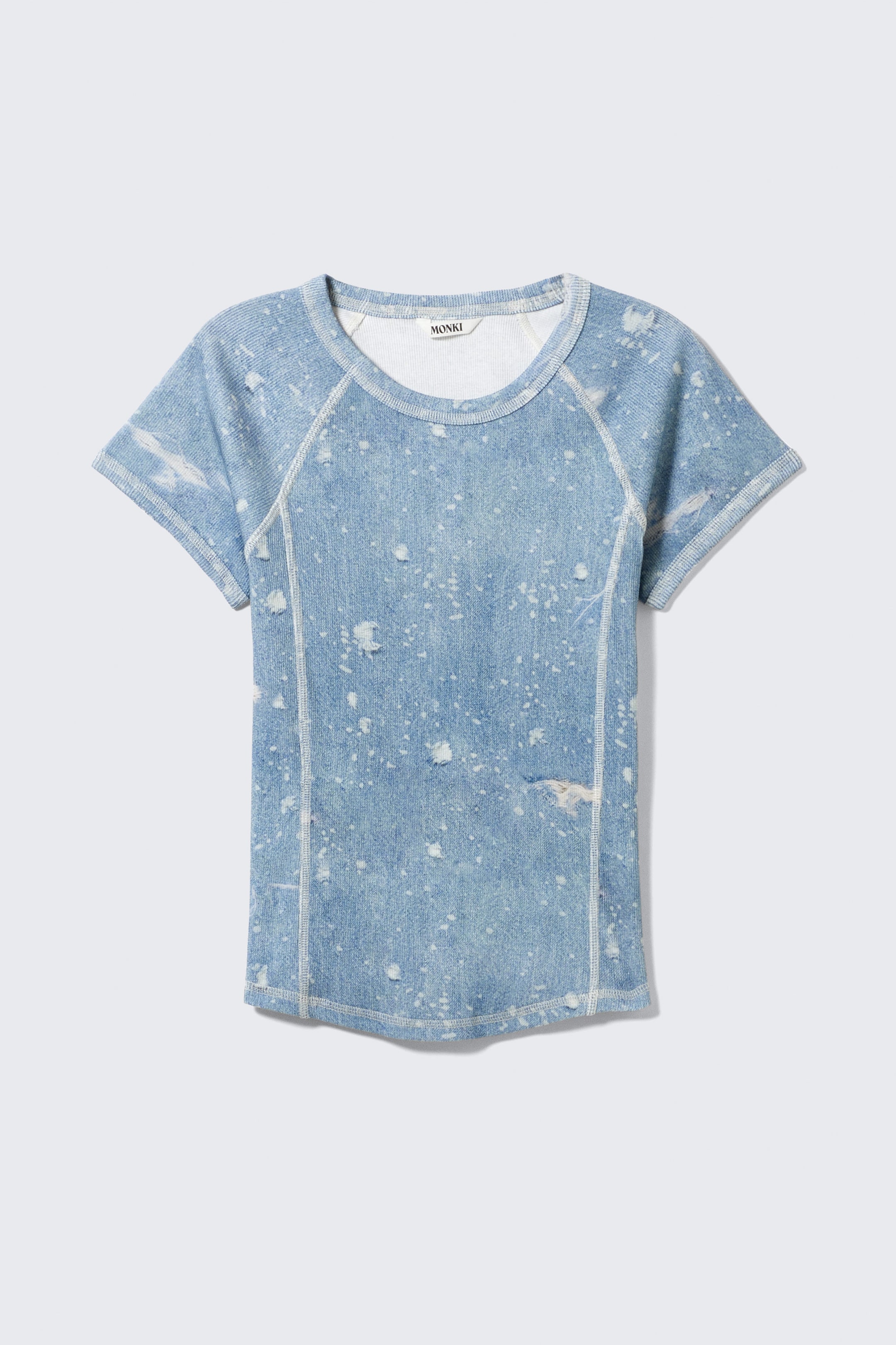 Blå - Slitet denim-mönster - Tight T-shirt med kontrastsöm - 1