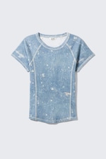 Blå - Slitet denim-mönster - Tight T-shirt med kontrastsöm - 0