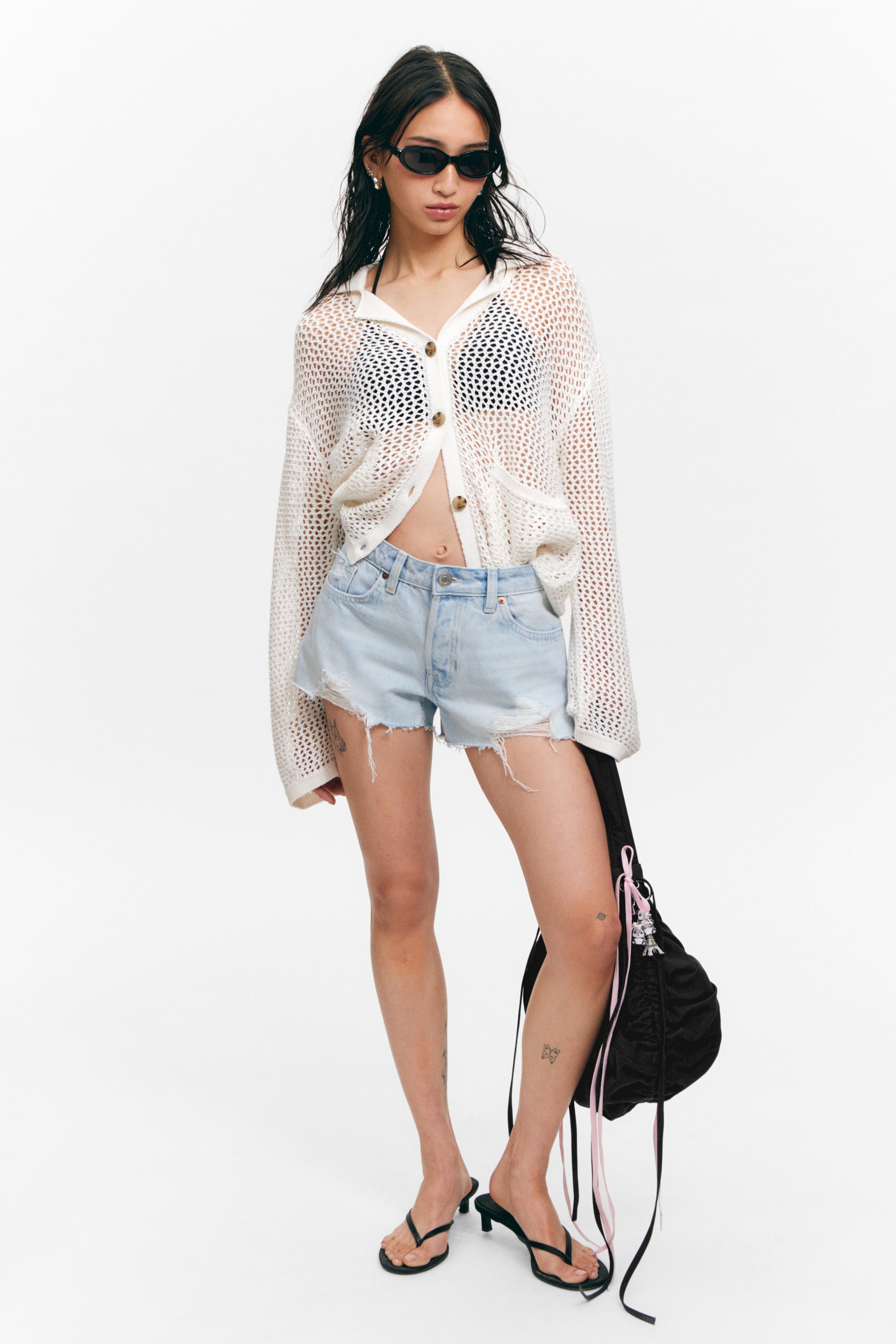 Dusty White - Open-Knit Button-Up Cardigan - 1