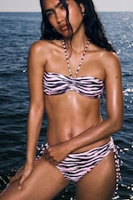 Pink - Tiger Stripes - Drawstring Bandeau Halter Bikini Top - 1