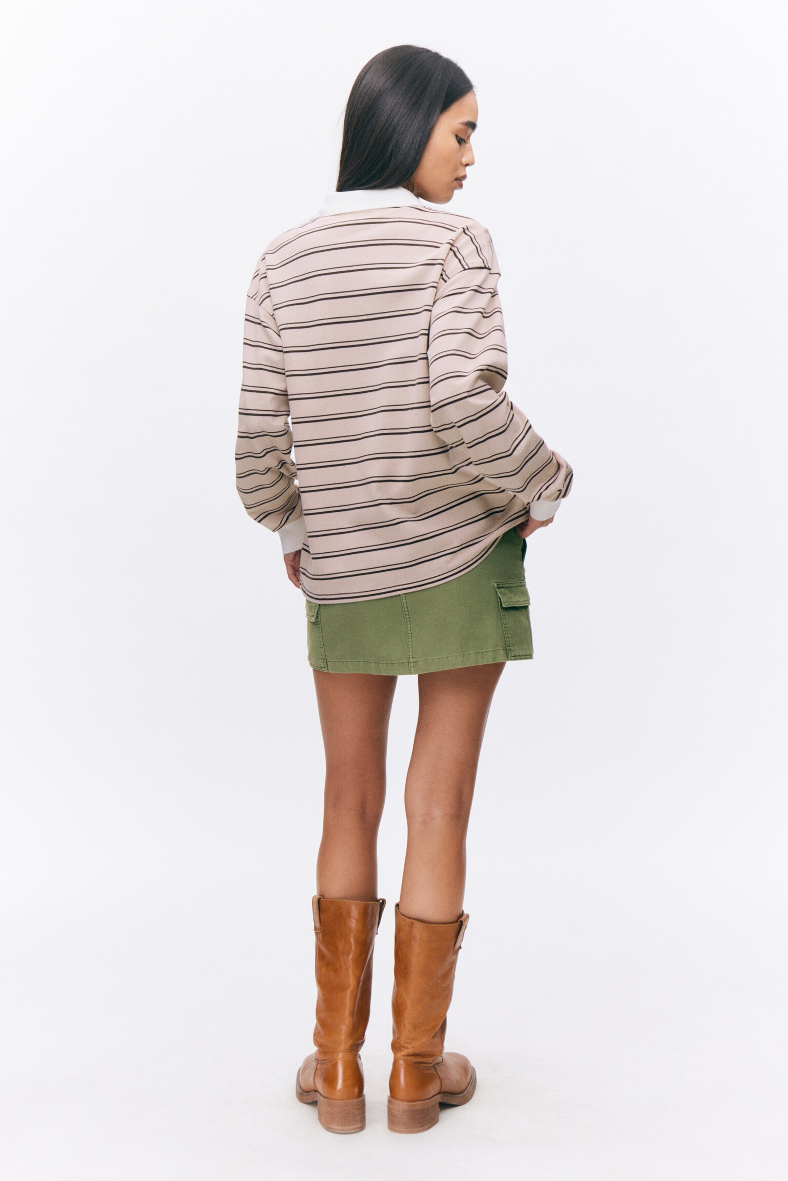 Long Sleeve Rugby Polo Top - Light Pink - Brown Stripes - 3