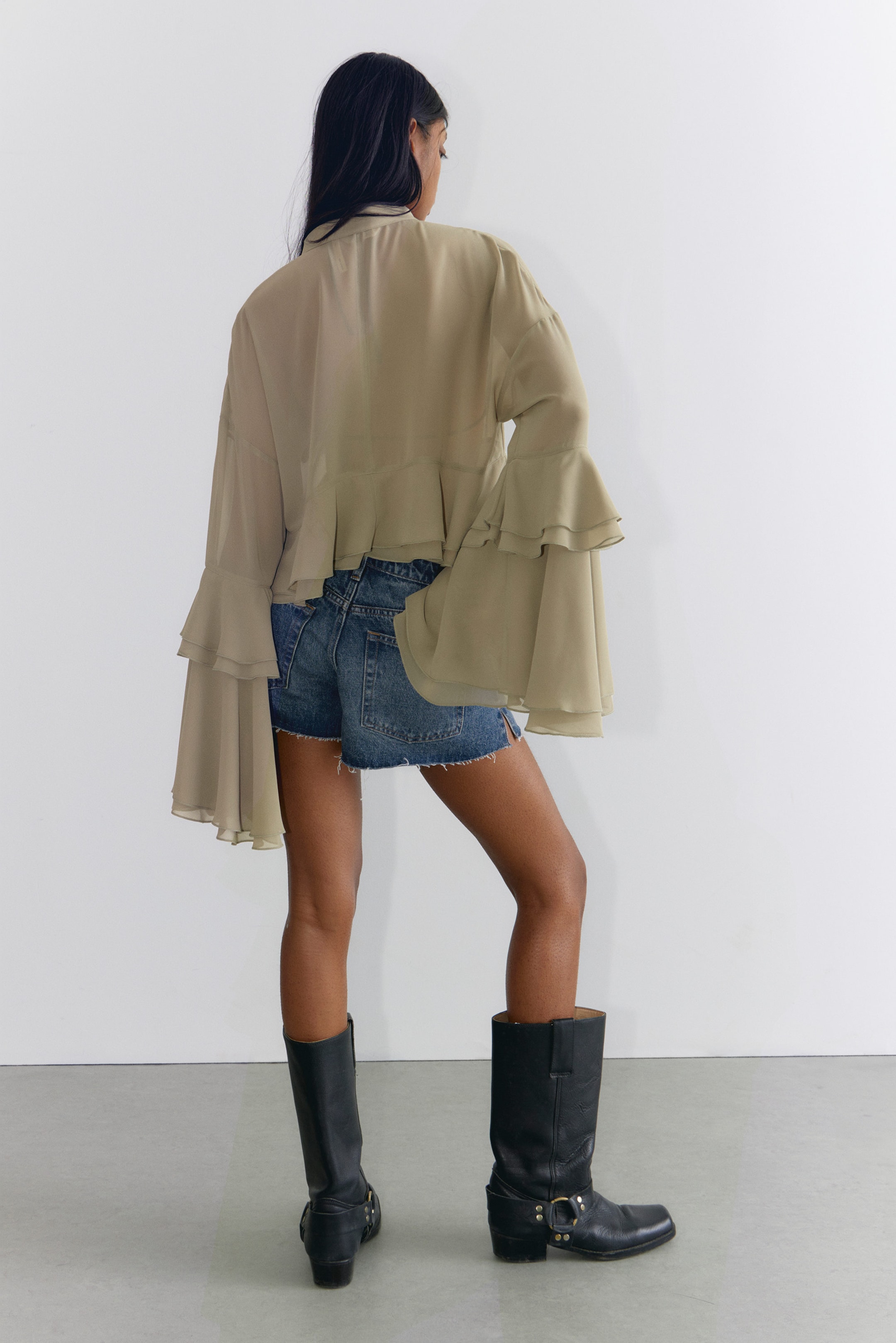 Khaki Green - Flared Frill-Sleeved Tie-Neck Blouse - 3