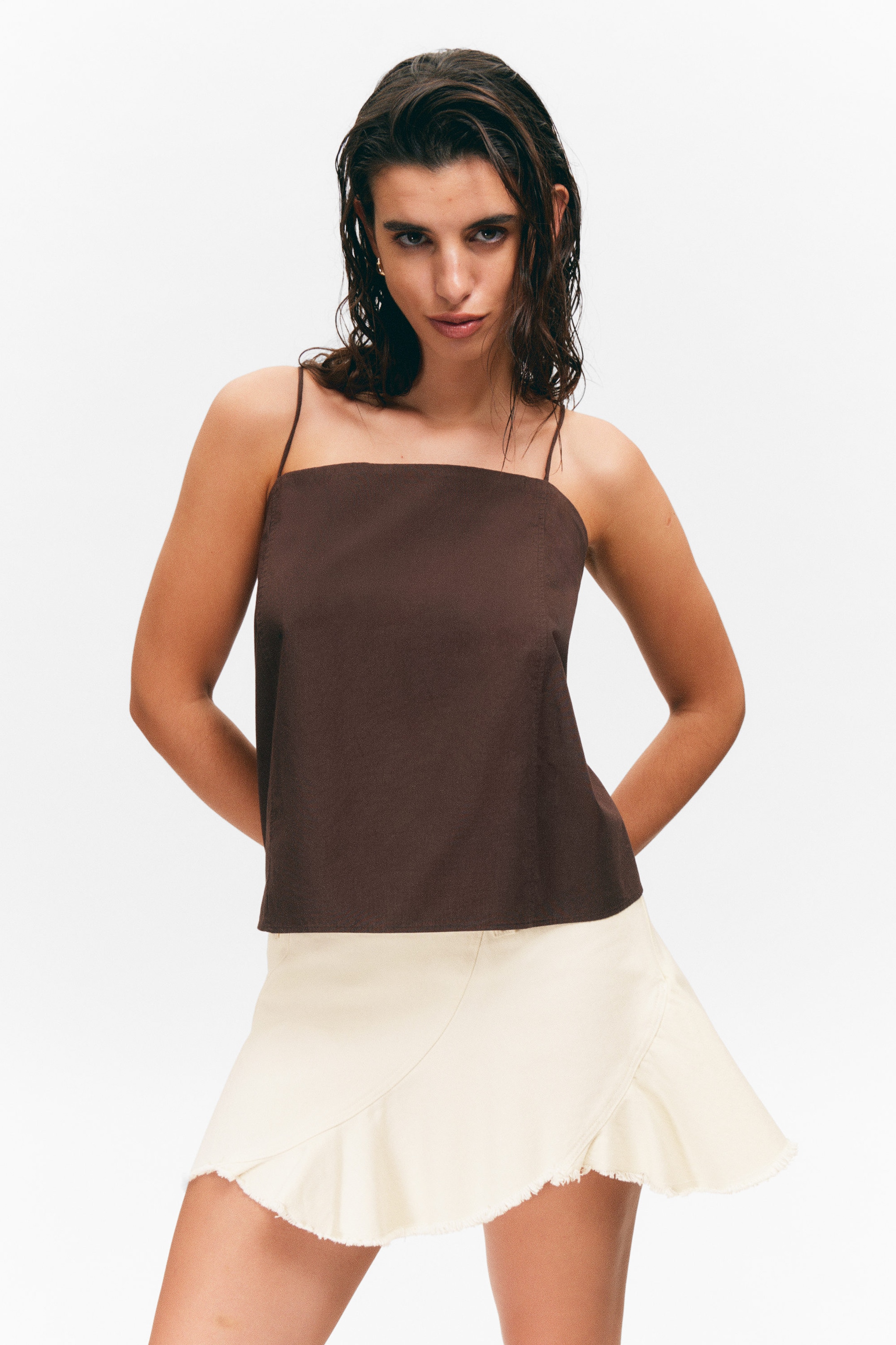 Dark Brown - Drawstring Poplin Strap Top - 1