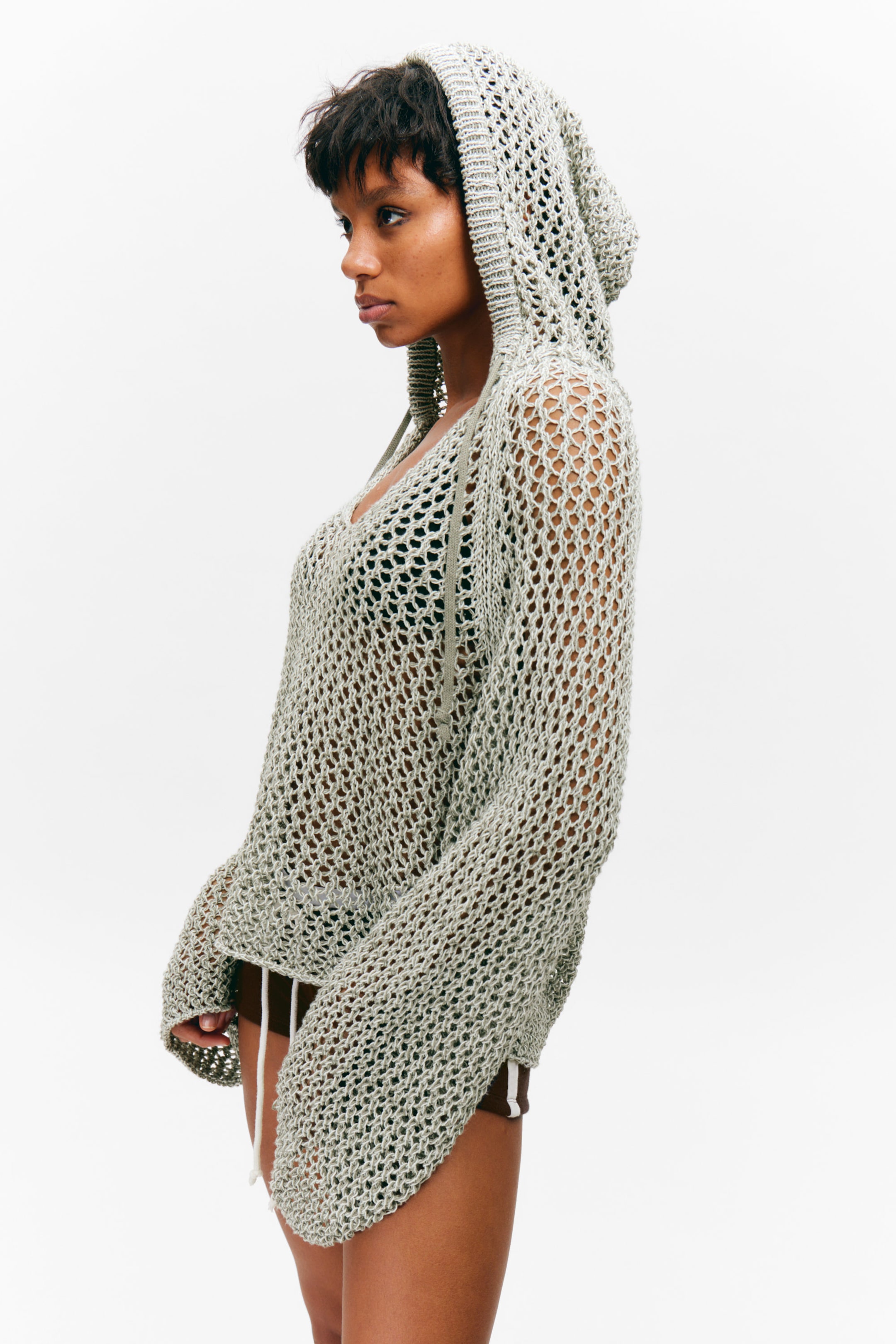 Light Khaki Green - Open-knit Hooded Sweater - 2