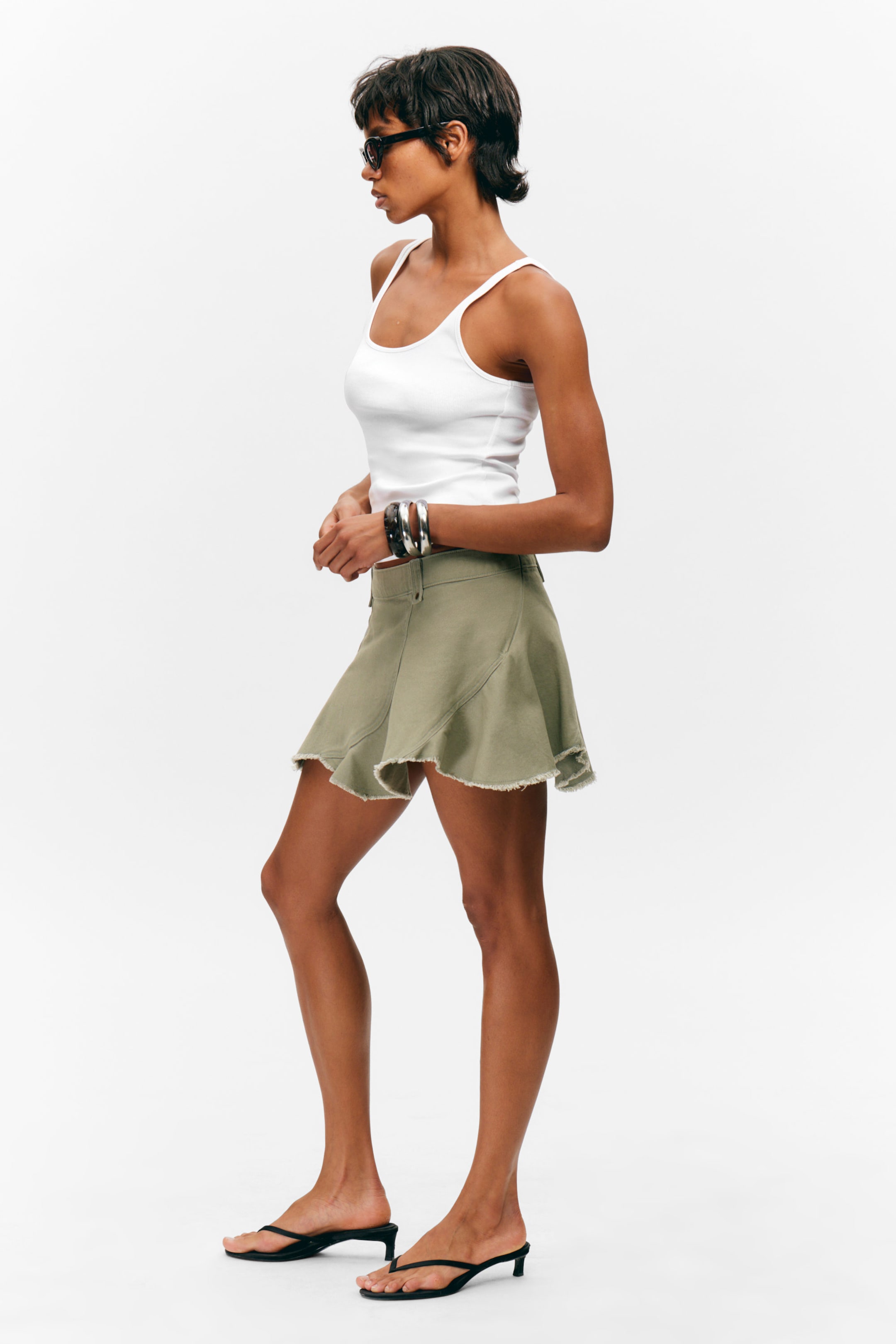 Khaki Green - Frayed Asymmetric Mini Twill Skirt - 2