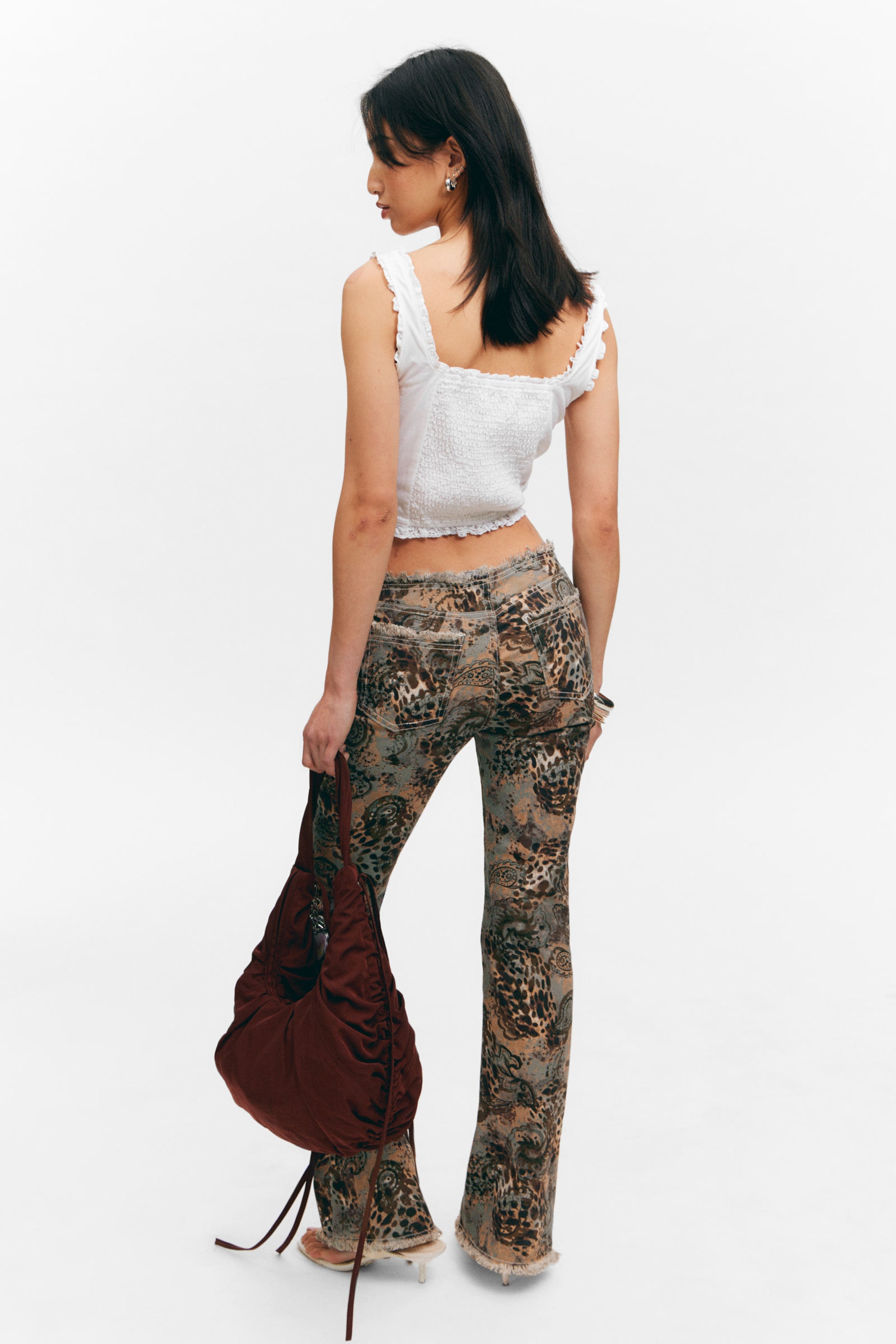Paisley Patterned - Frayed Low Waist Twill Trousers - 4