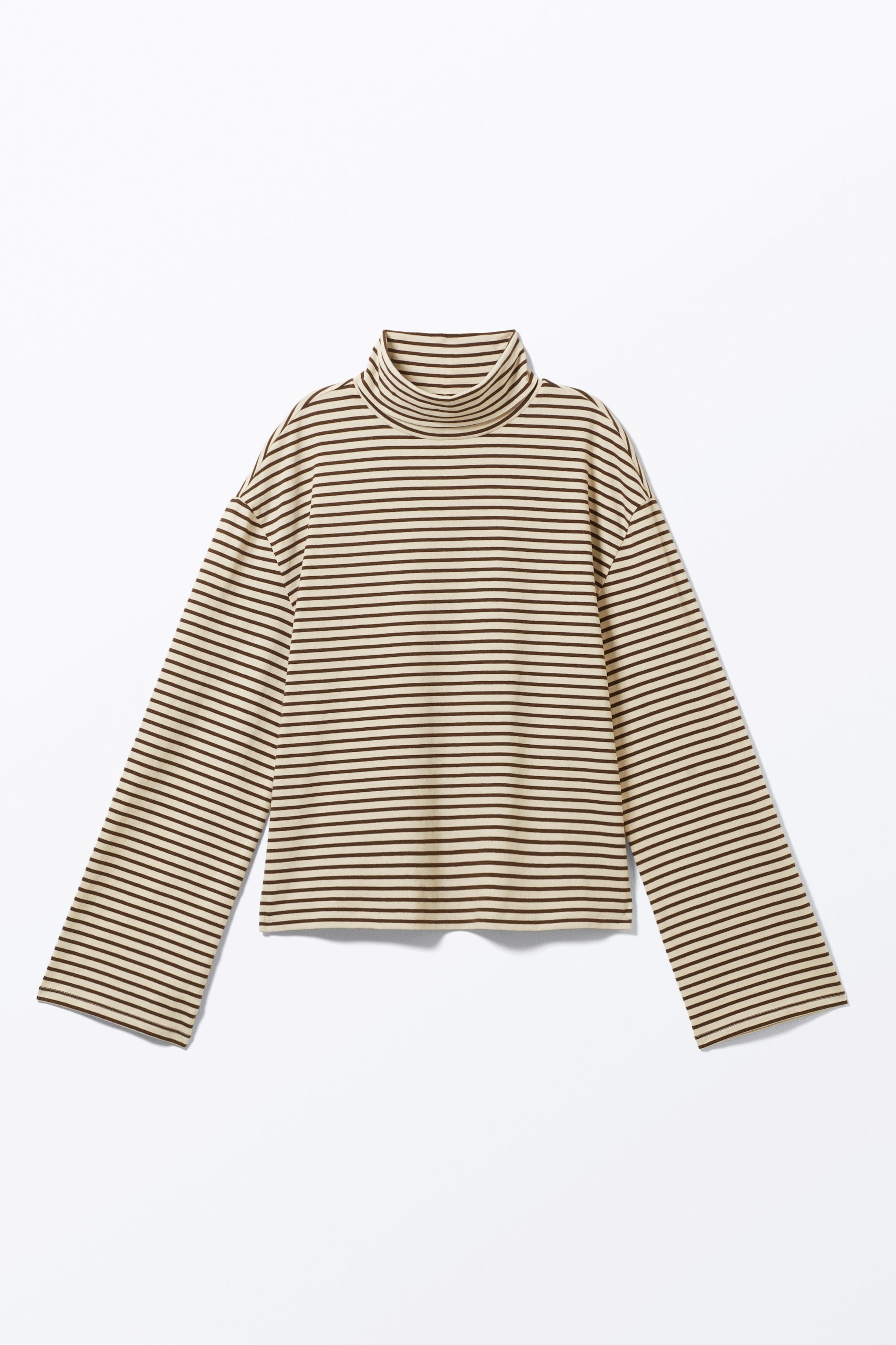 Beige & Dark Brown Stripes - Boxy Long-Sleeved Mock Turtleneck Top - 0