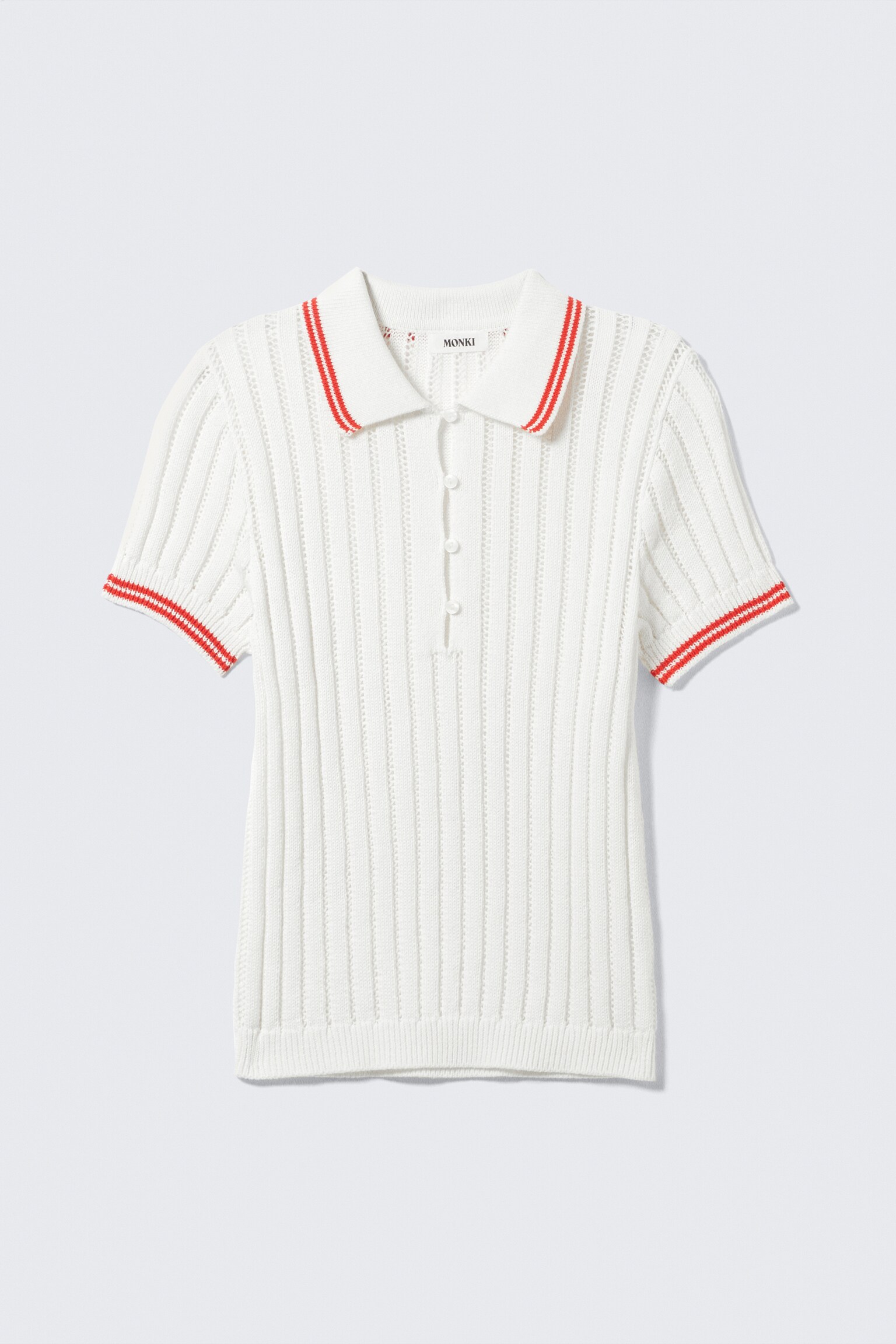Knitted Short-Sleeved Cotton Polo Top - White - Red Stripes/Light Blue - White Stripes - 2