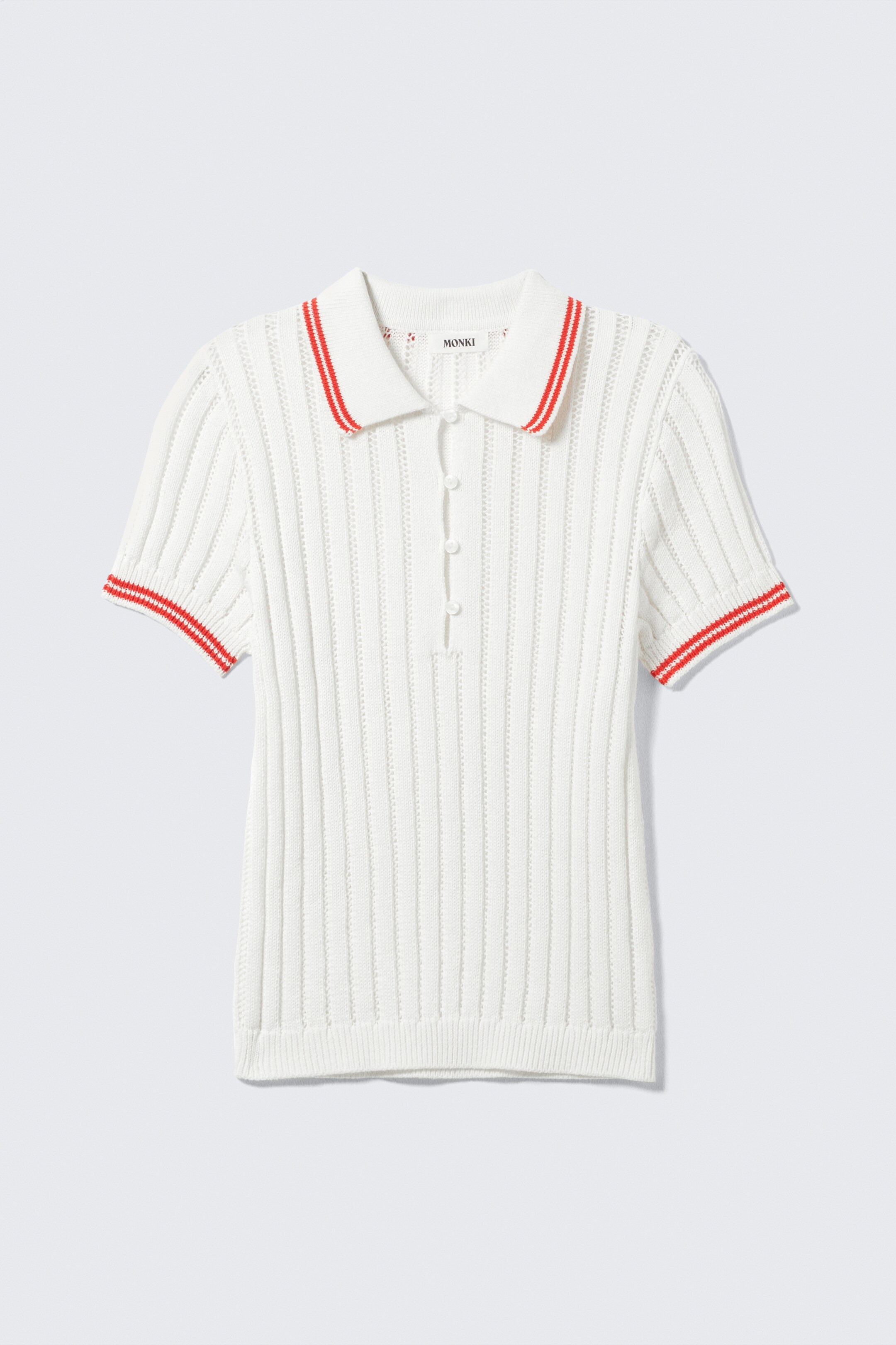Ingrandisci l'immagine: Knitted Short-Sleeved Cotton Polo Top - White - Red Stripes - DONNA | H&M CH 5