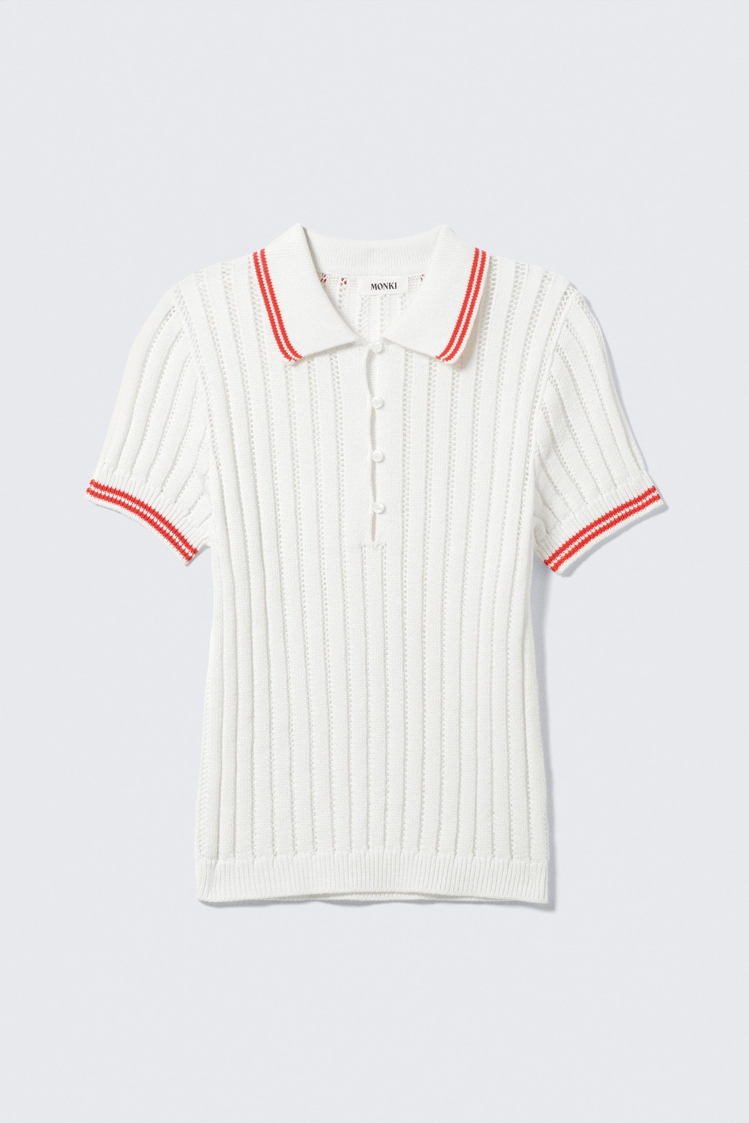 Knitted Short-Sleeved Cotton Polo Top - White - Red Stripes/Light Blue - White Stripes - 2