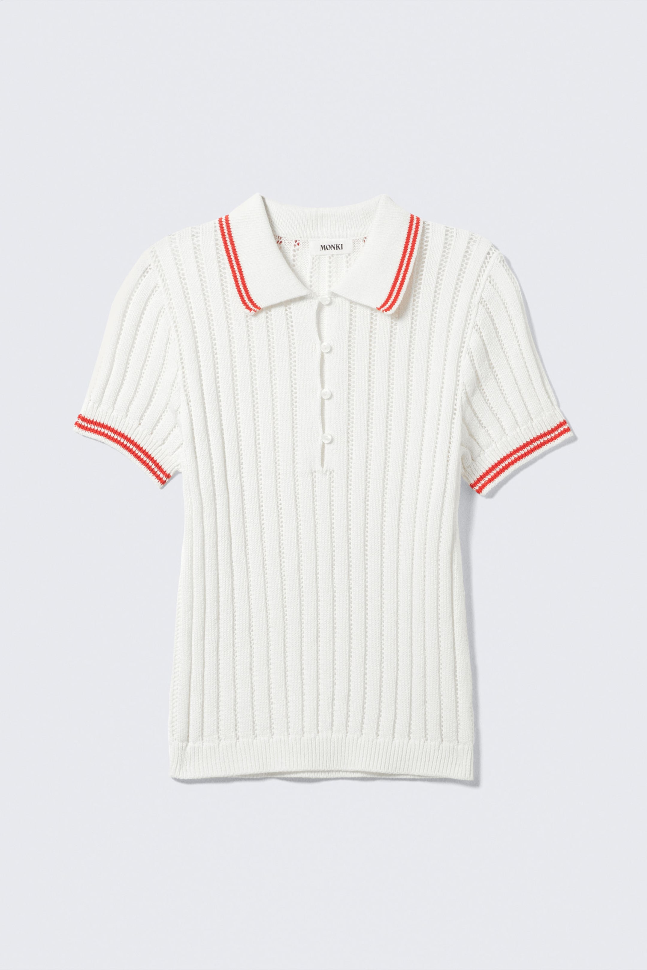 White - Red Stripes - Knitted Short-Sleeved Cotton Polo Top - 4