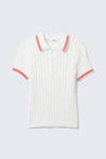 White - Red Stripes - Knitted Short-Sleeved Cotton Polo Top - 4
