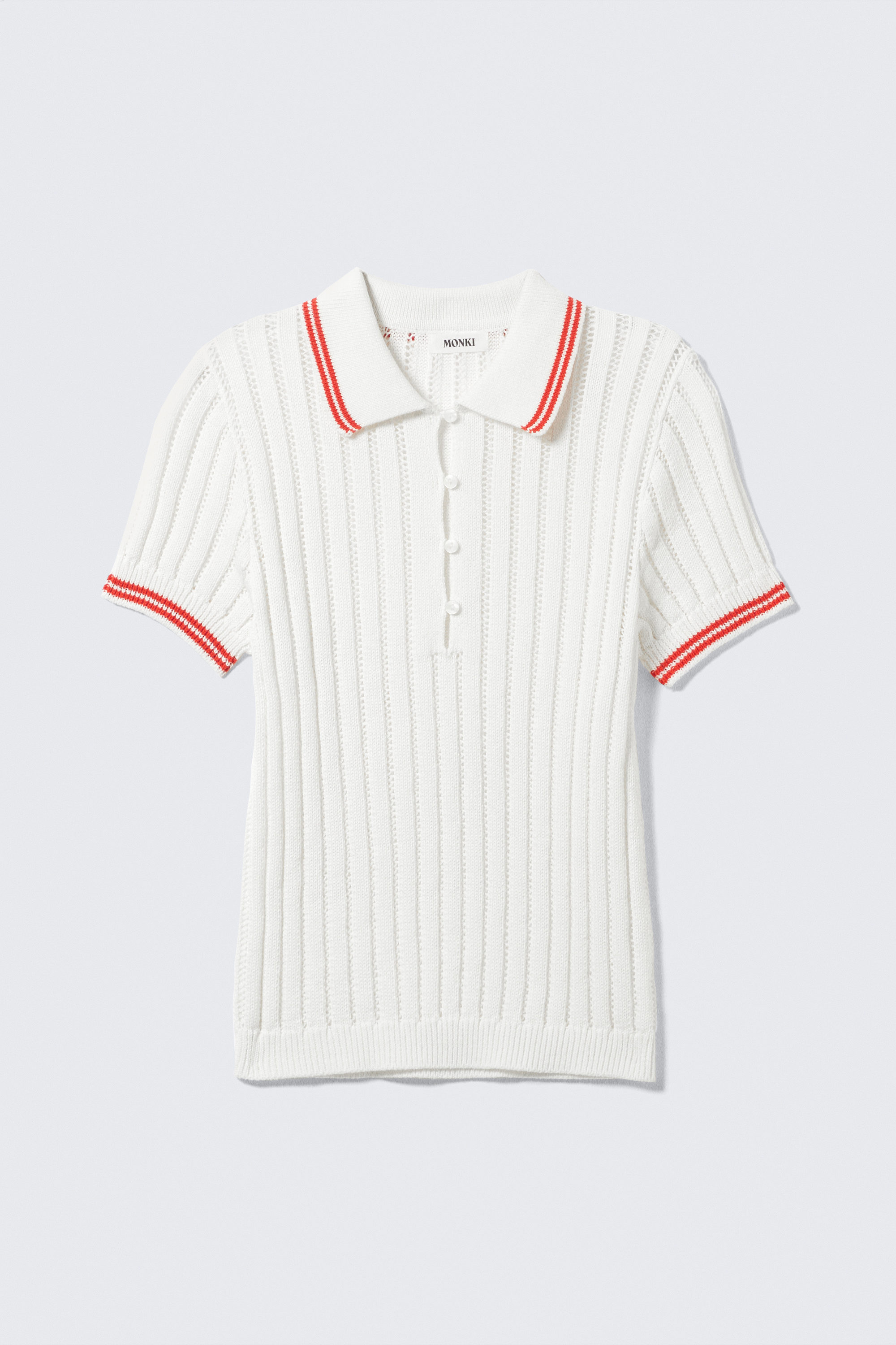 White - Red Stripes - Knitted Short-Sleeved Cotton Polo Top - 4
