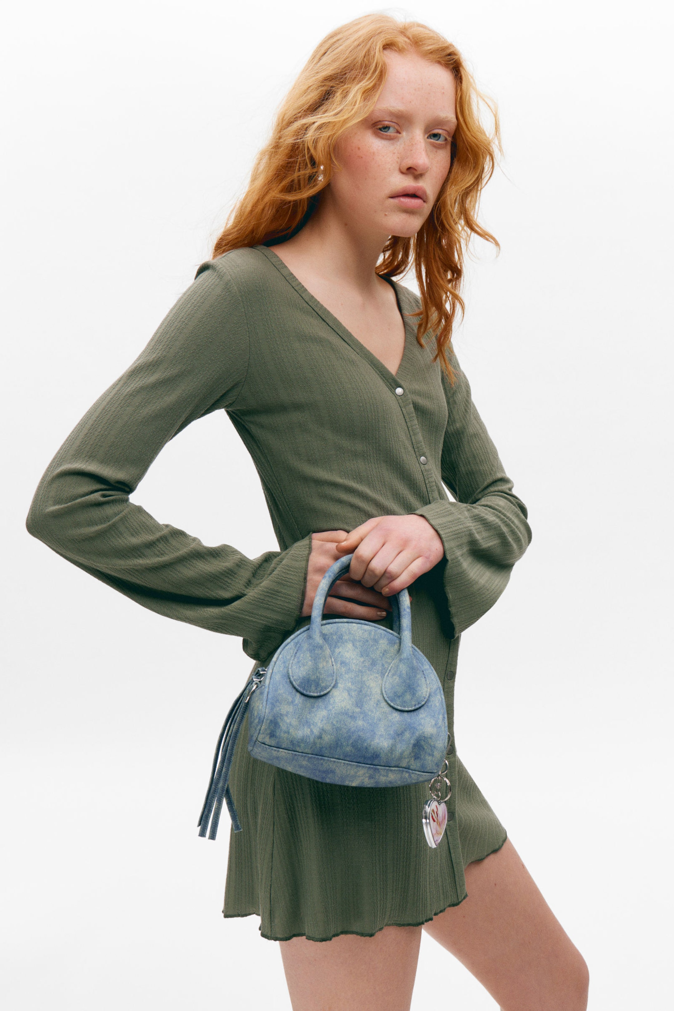 Dark Khaki Green - Long-Sleeved V-neck Mini Dress - 1