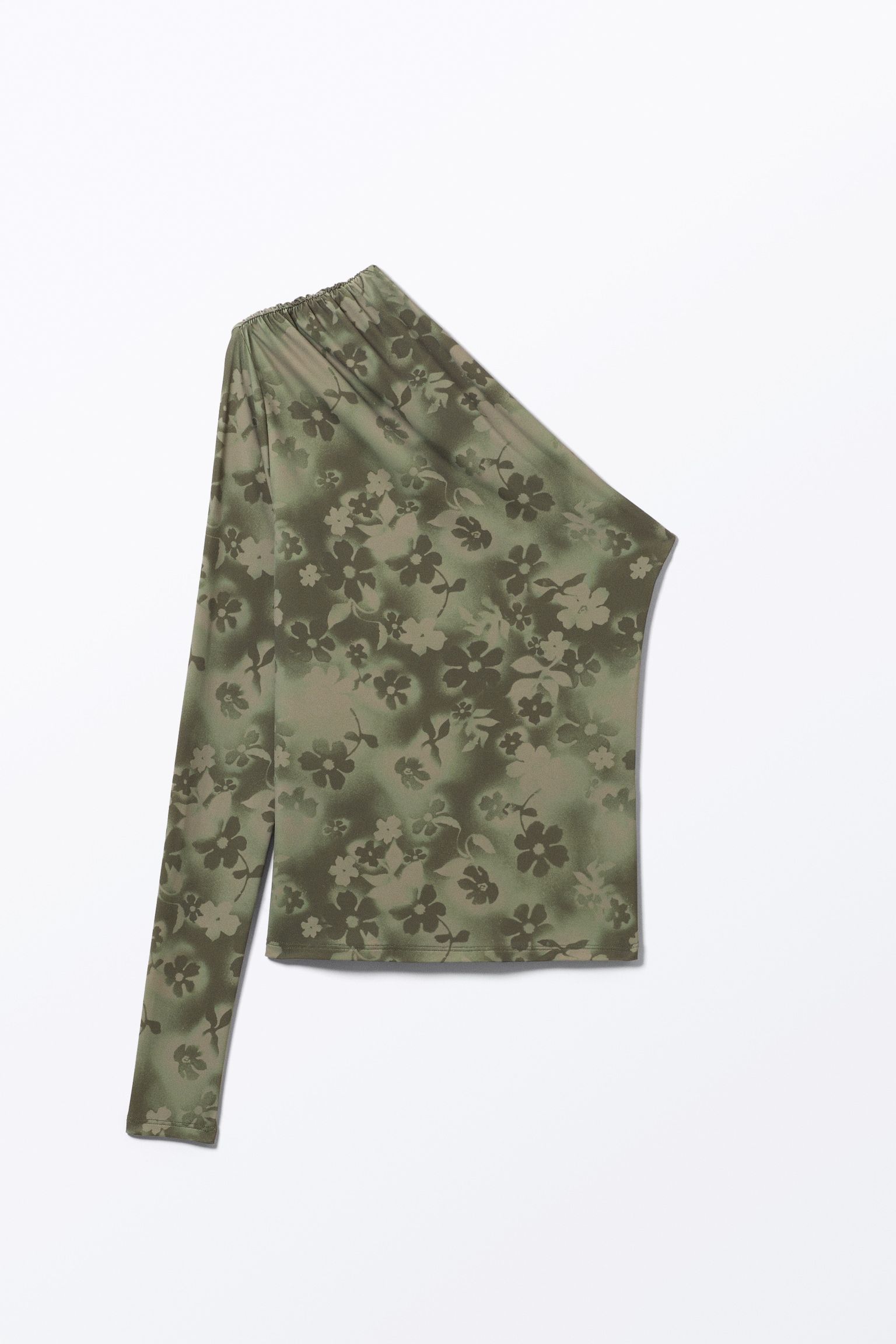 Drapiertes One-Shoulder-Top aus Nylon - Khakigrün - Sprühblumen/Schwarz - 2
