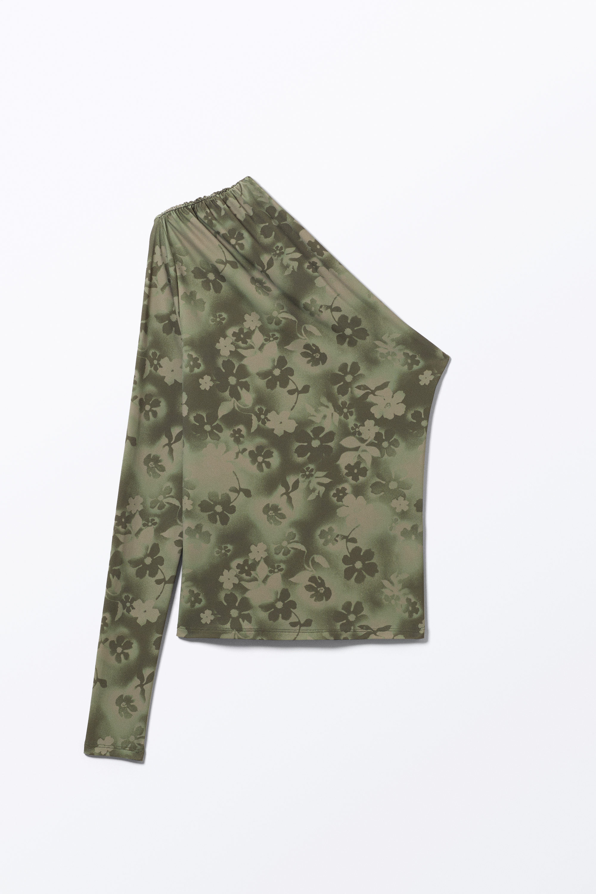 Khaki Green - Spray Flowers - Draped One-Shoulder Nylon Top - 3