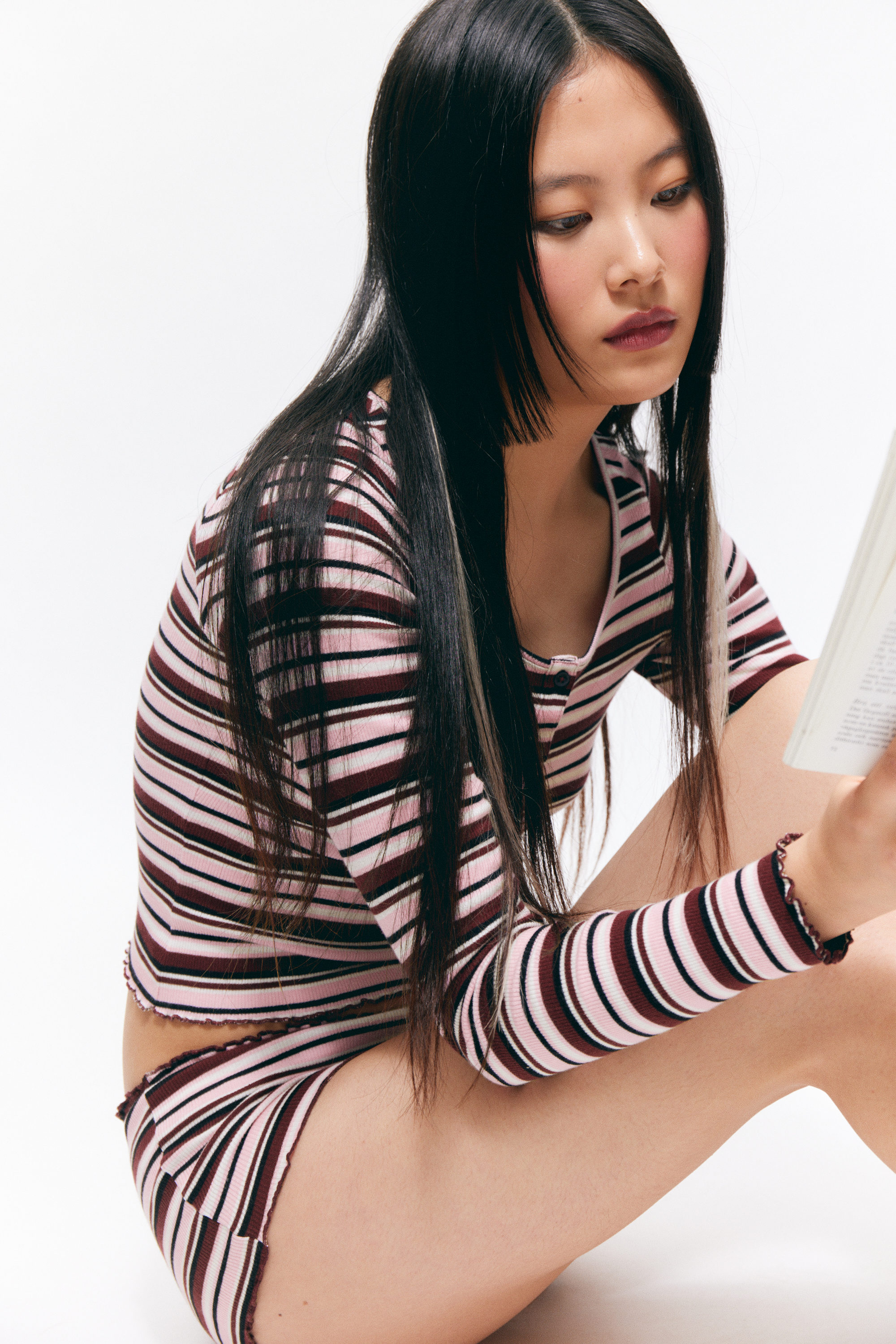 Dark Red & Pink Stripe - Ribbed Mini Henley Top - 1