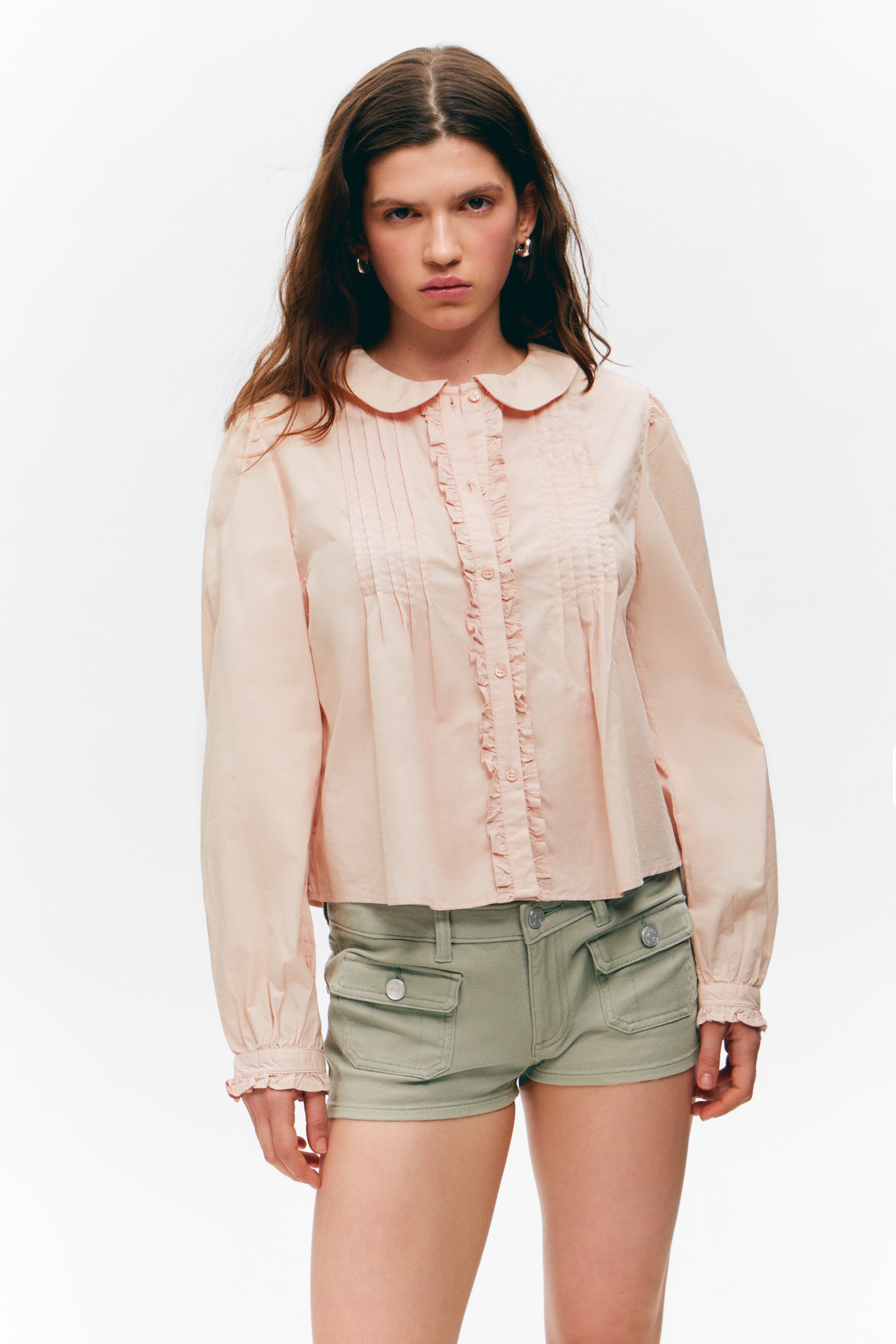 Boxy Pintuck Poplin Shirt - Light Dusty Pink/White
