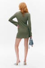 Dark Khaki Green - Long-Sleeved V-neck Mini Dress - 3