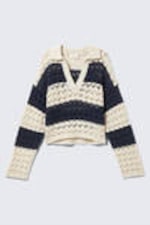 White & Dark Blue Stripe - Loose Open-Knit Sweater - 3