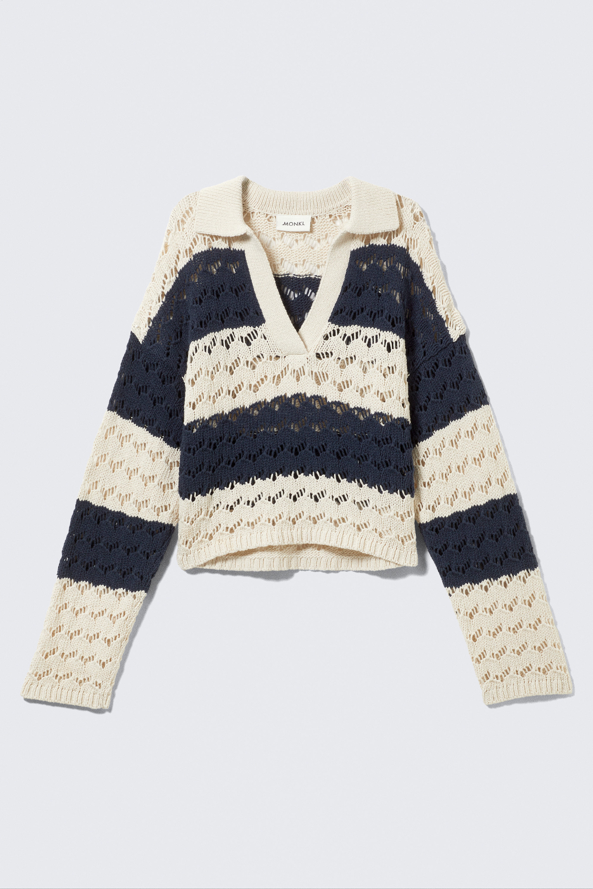 White & Dark Blue Stripe - Loose Open-Knit Sweater - 3