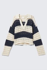 Weiße & dunkelblaue Streifen - Lockerer Grobstrick-Pullover - 3