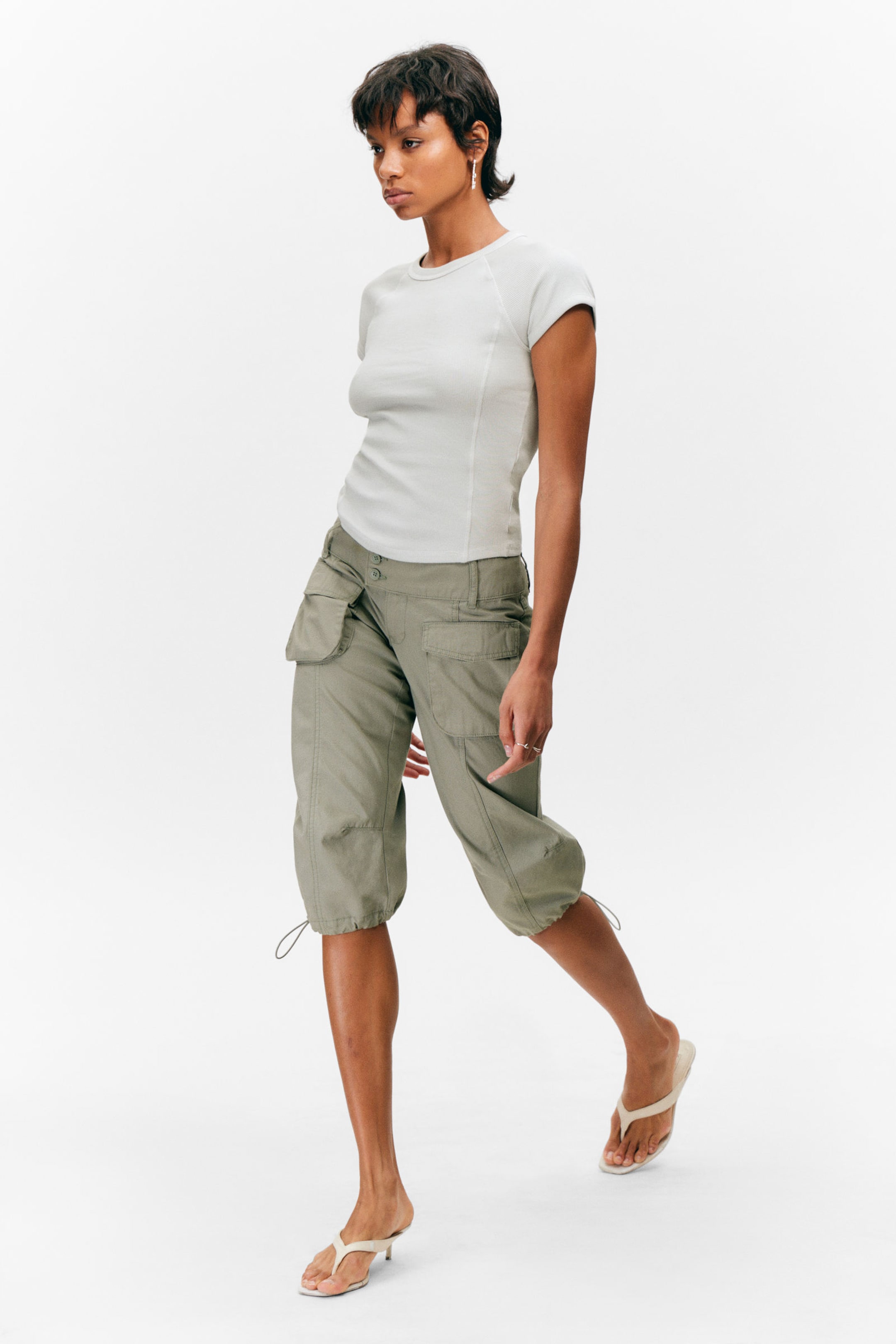 #8D8C81 - Ultra-Low Rise Cargo Capri Trousers - 2