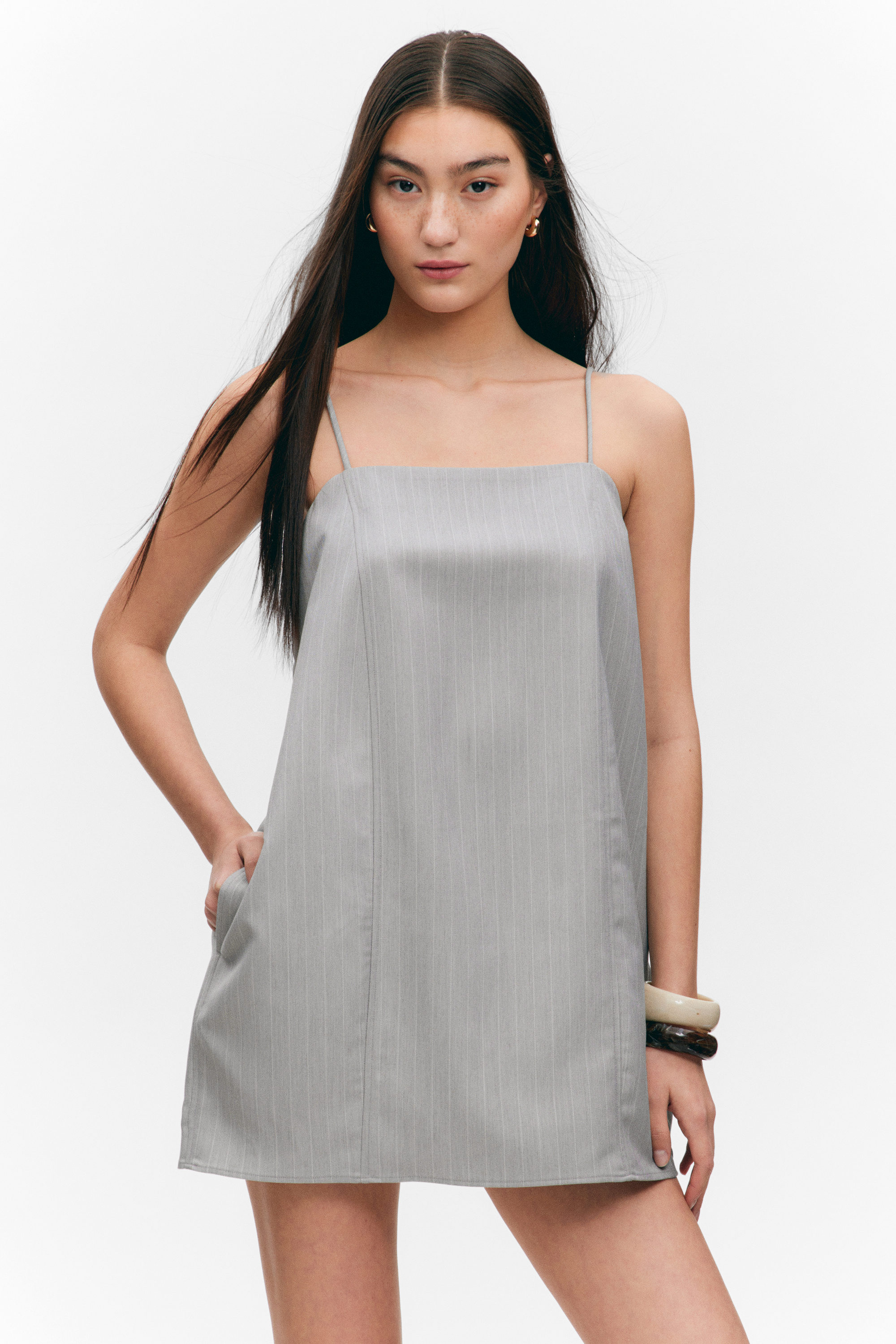Light Grey - Pinstripe - Mini-jurk van keperstof met strik op de rug - 1